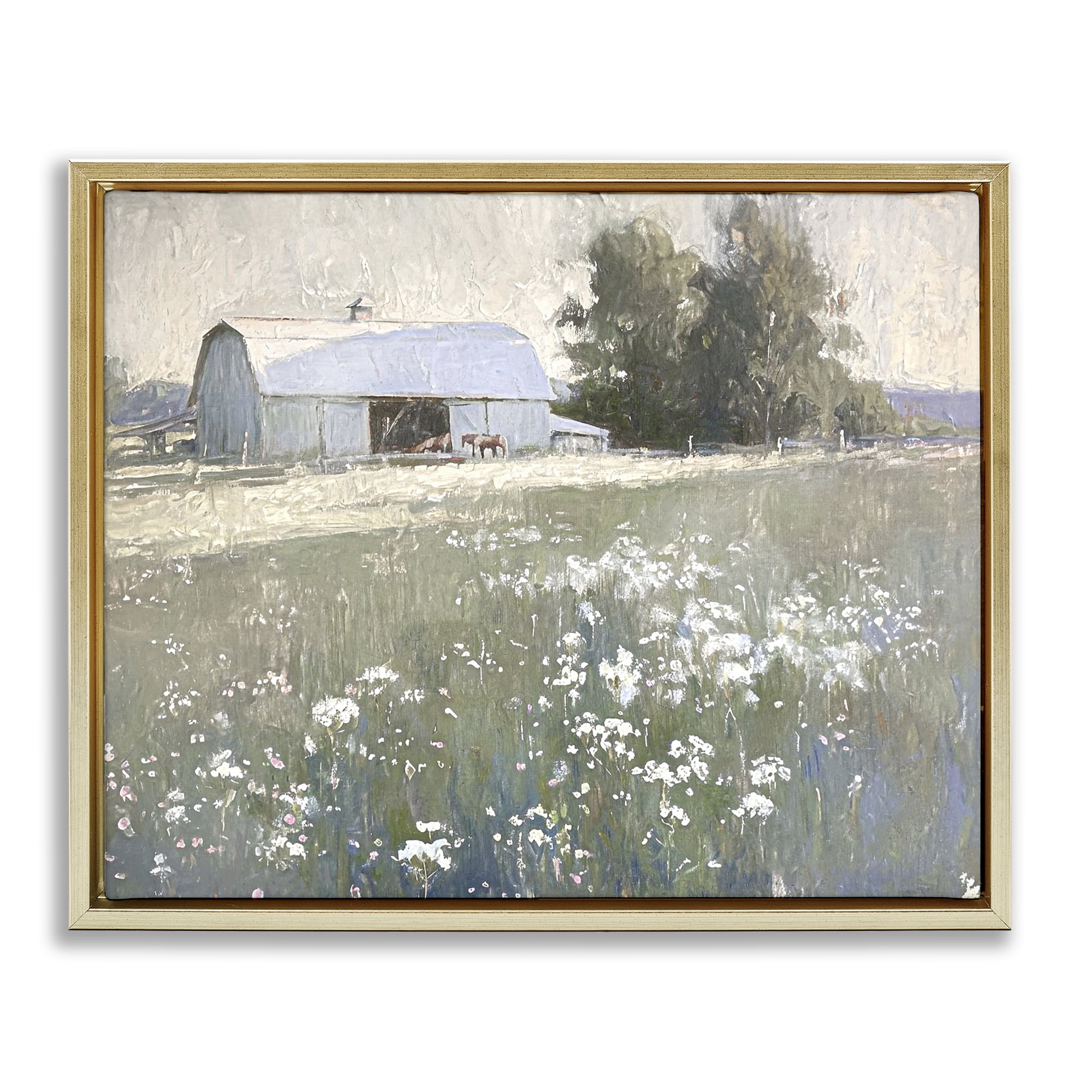 Stupell Industries Peaceful Farm Pasture Landscape Painting Gold Floater Framed Canvas Art Print Wall Art, 31 x 25