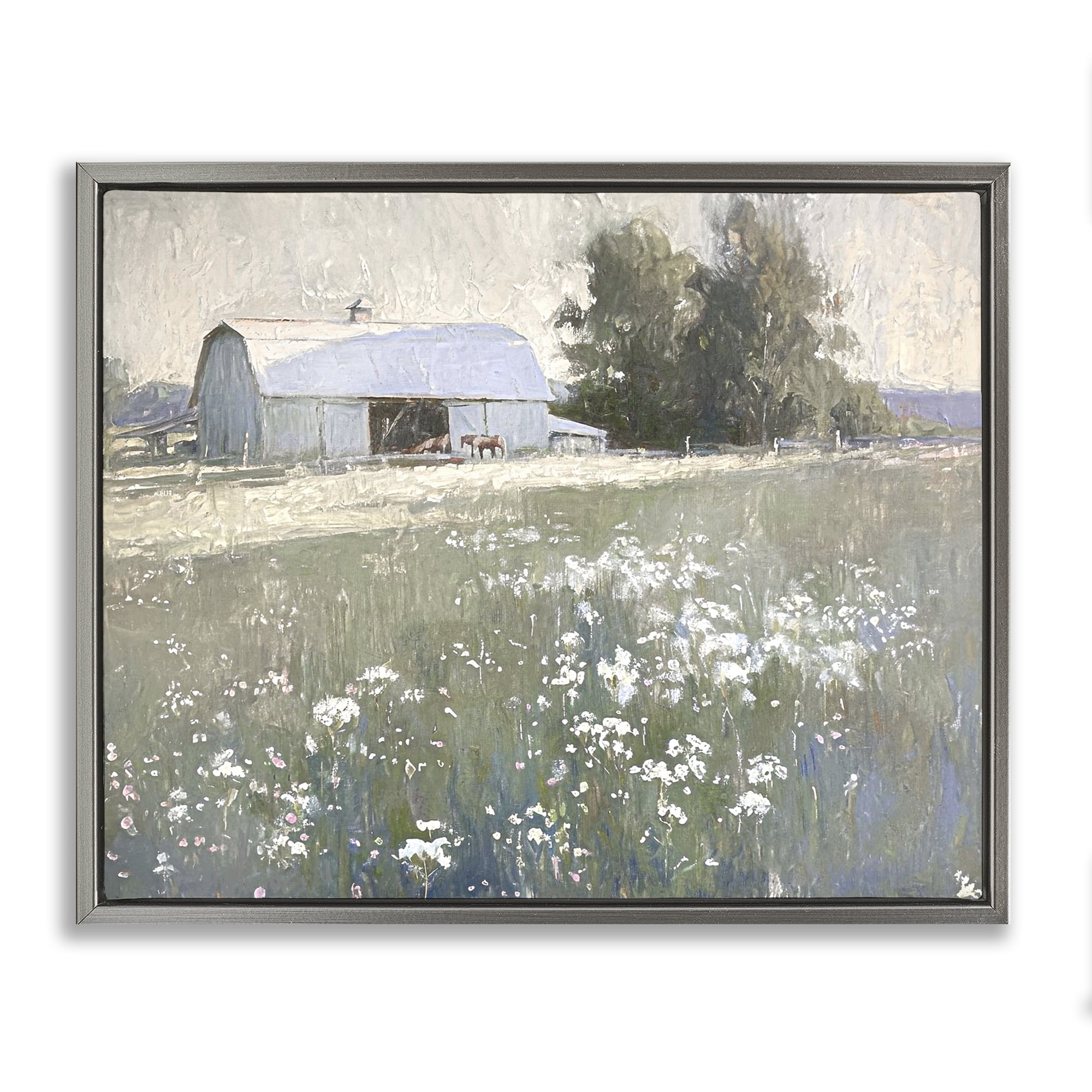 Stupell Industries Peaceful Farm Pasture Landscape Painting Gray Floater Framed Canvas Art Print Wall Art, 31 x 25