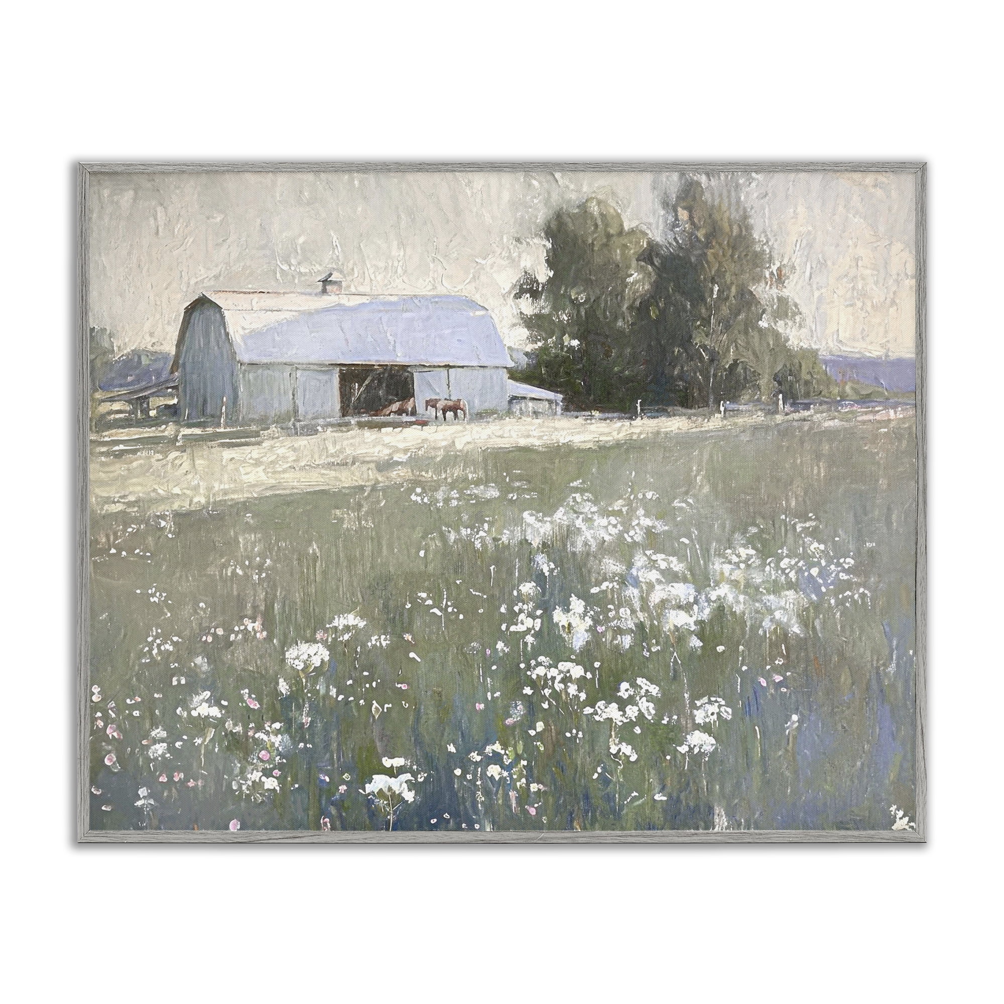 Stupell Industries Peaceful Farm Pasture Landscape Painting Gray Framed Art Print Wall Art, 30 x 24
