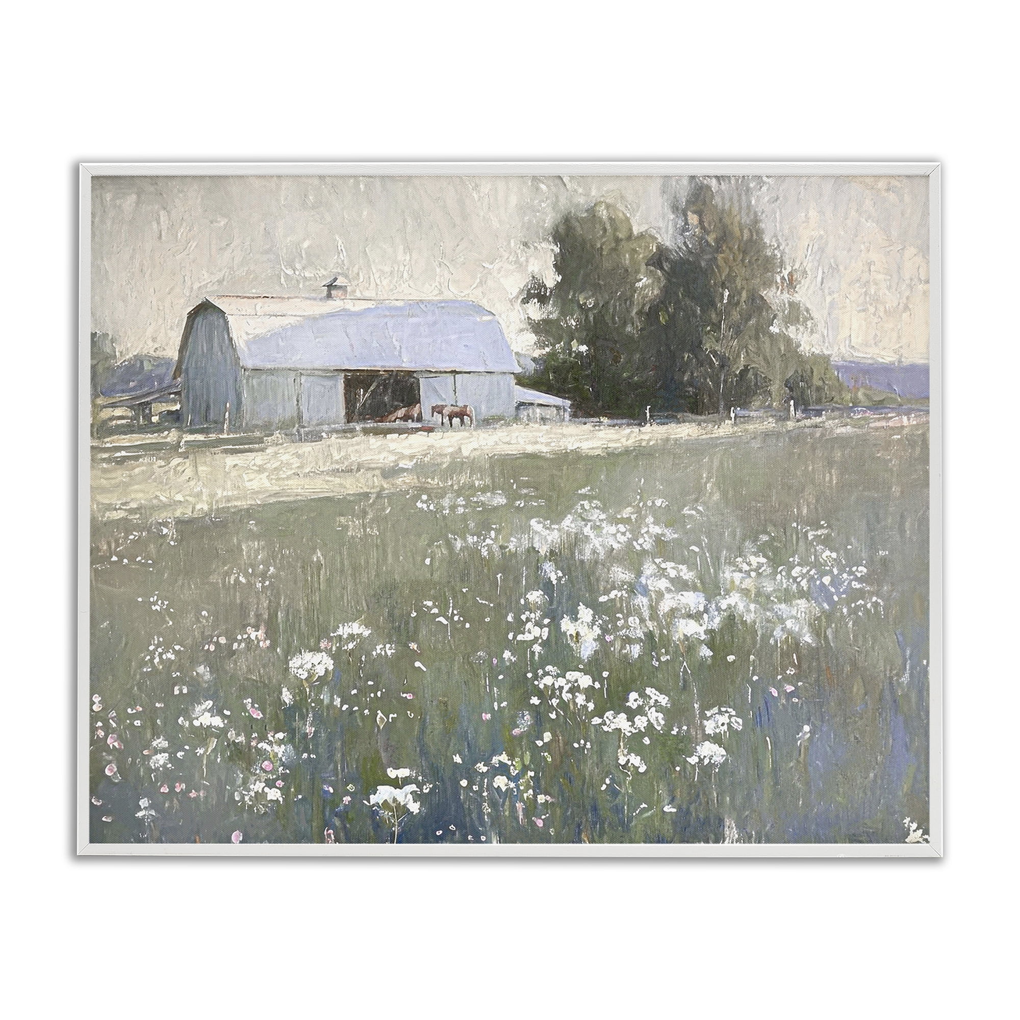 Stupell Industries Peaceful Farm Pasture Landscape Painting White Framed Art Print Wall Art, 14 x 11