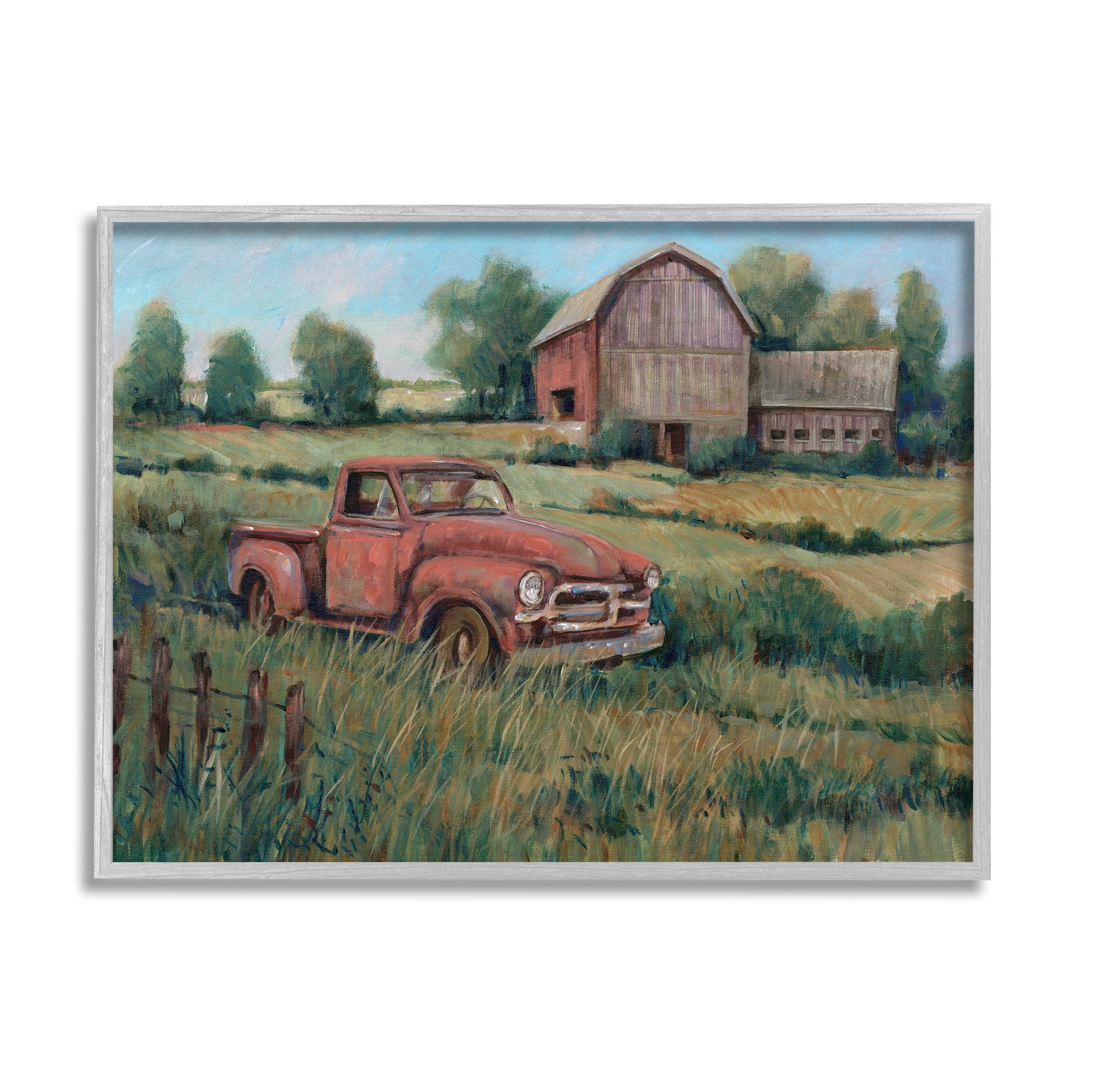 Stupell Industries Peaceful Farmland Truck Barn Scene Painting Gray Framed Art Print Wall Art, Design by Tim OToole