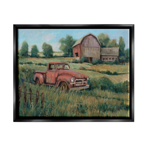 Stupell Industries Peaceful Farmland Truck Barn Scene Painting Jet Black Floating Framed Canvas Print Wall Art, Design by Tim OToole