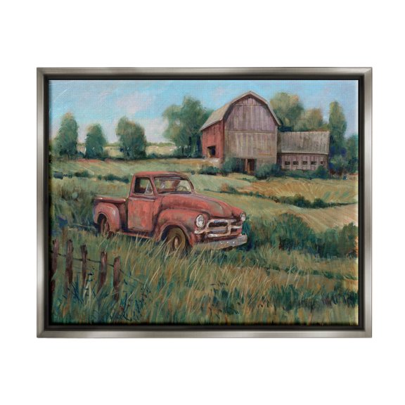 Stupell Industries Peaceful Farmland Truck Barn Scene Painting Luster Gray Floating Framed Canvas Print Wall Art, Design by Tim OToole
