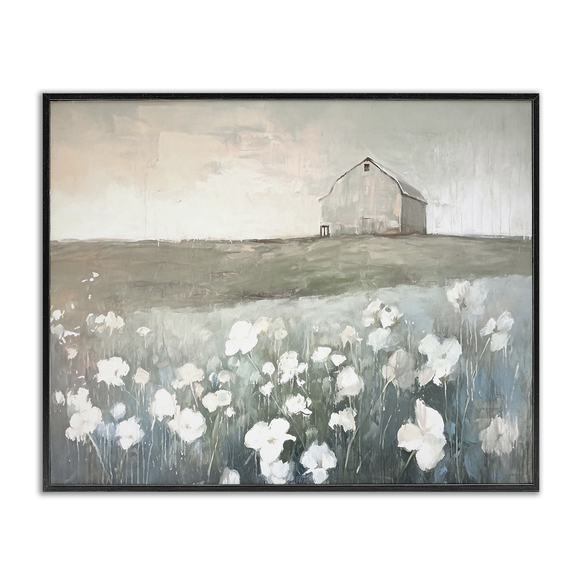 Stupell Industries Peaceful Floral Pasture Landscape Painting Black Framed Art Print Wall Art, 14 x 11