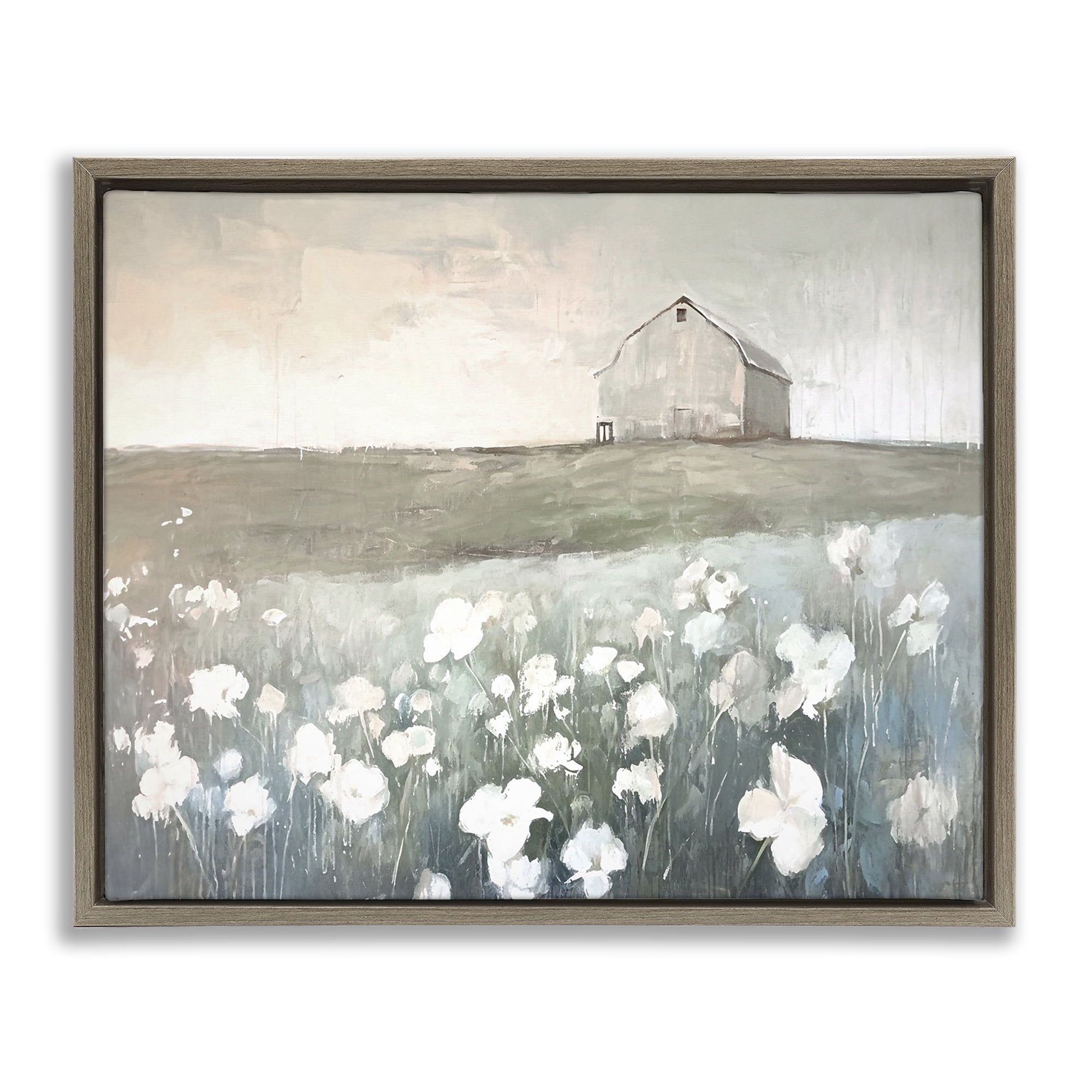 Stupell Industries Peaceful Floral Pasture Landscape Painting Brown Floater Framed Canvas Art Print Wall Art, 31 x 25
