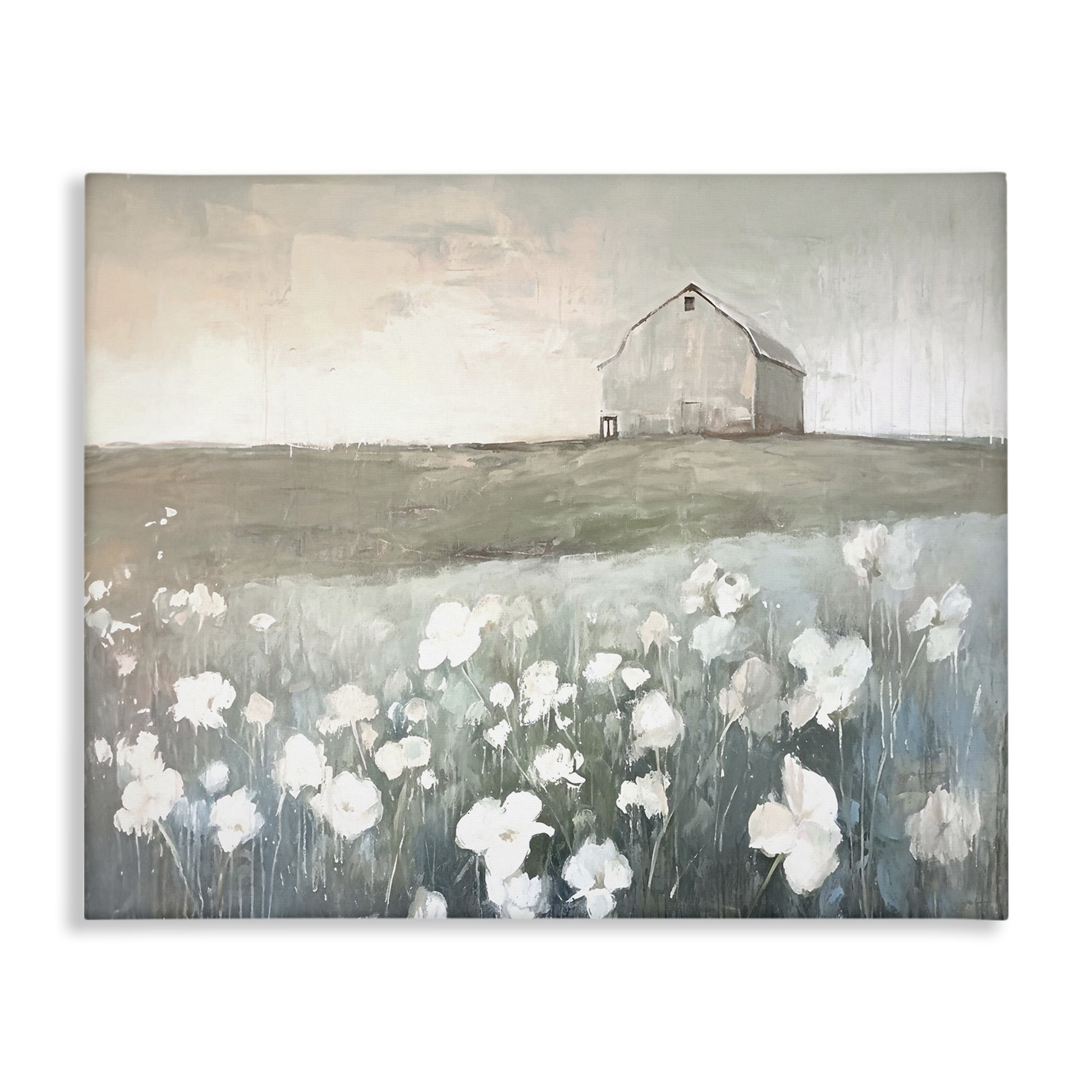 Peaceful Pasture Landscape Canvas Art with White Floral Design