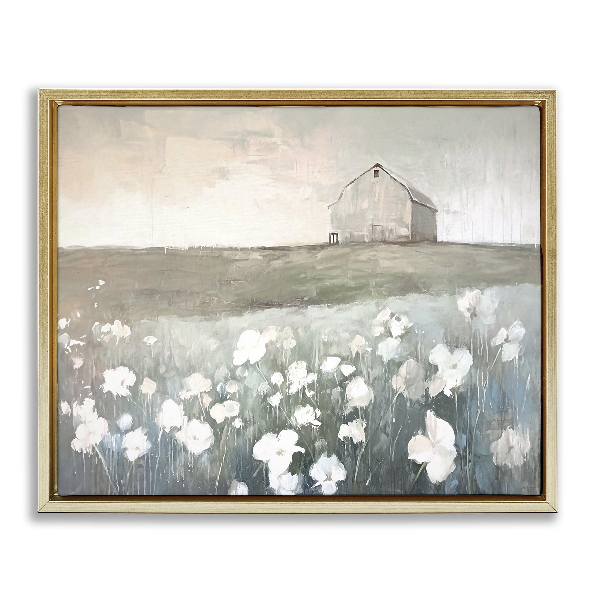 Stupell Industries Peaceful Floral Pasture Landscape Painting Gold Floater Framed Canvas Art Print Wall Art, 31 x 25