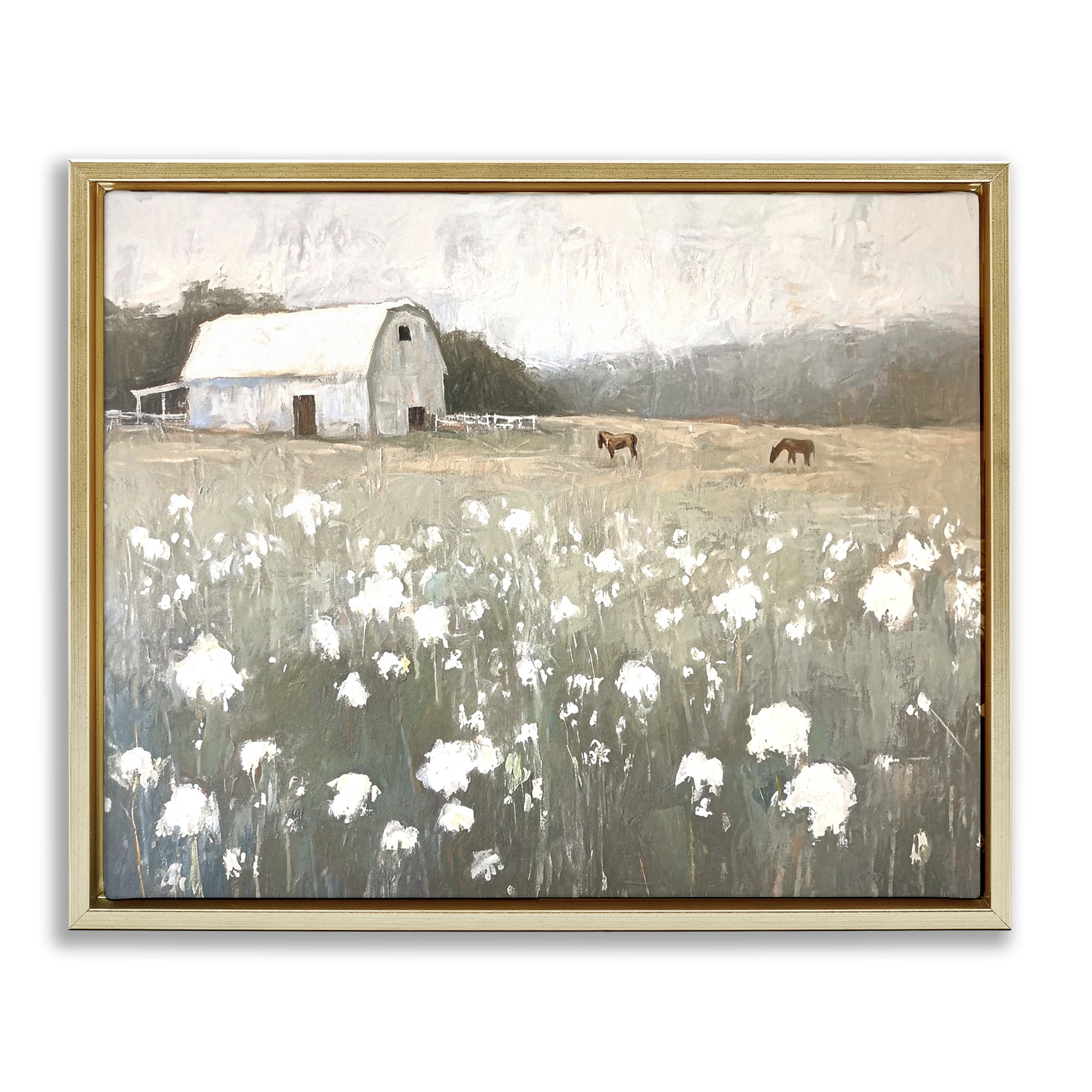 Stupell Industries Peaceful Horse Pasture Landscape Painting Gold Floater Framed Canvas Art Print Wall Art, 31 x 25