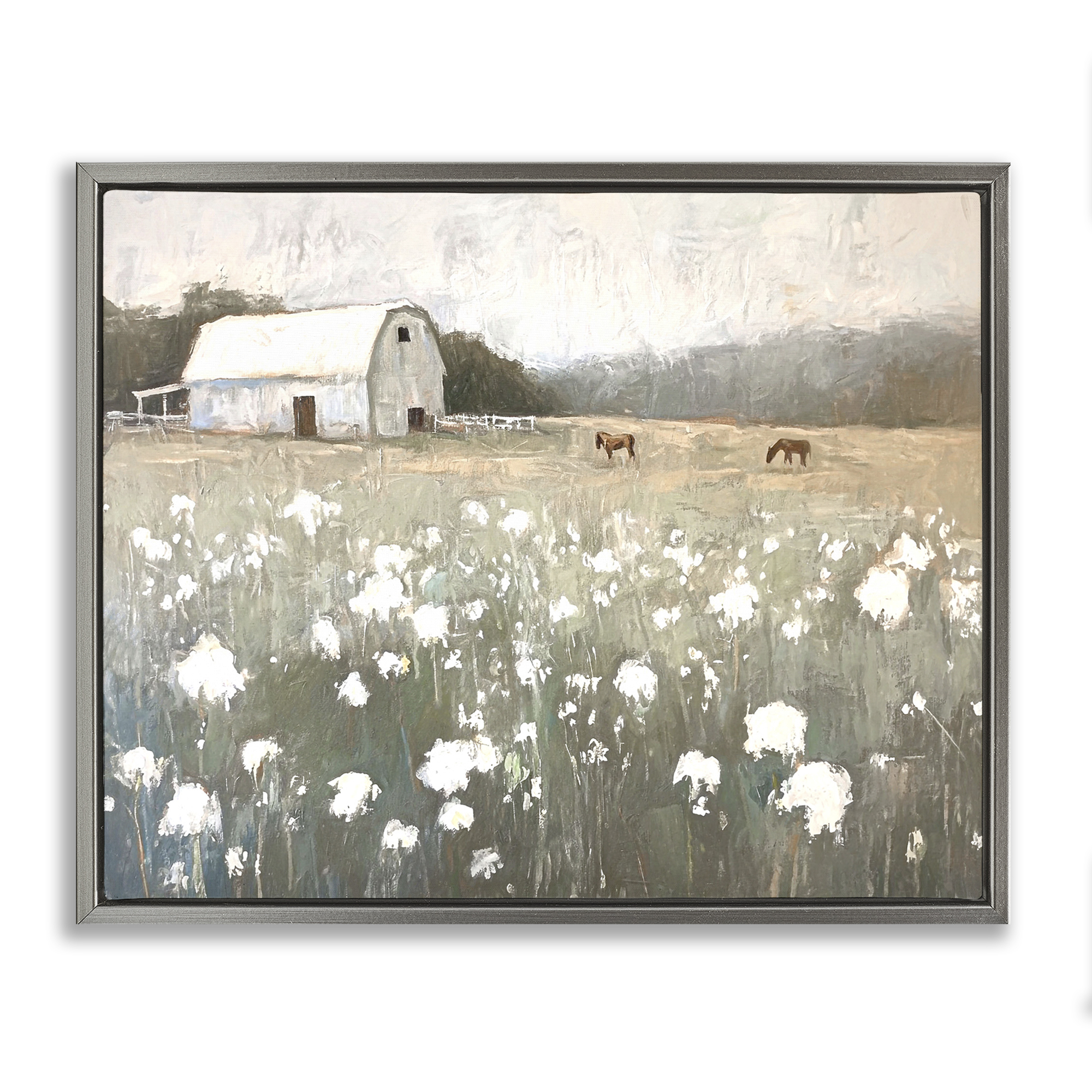 Stupell Industries Peaceful Horse Pasture Landscape Painting Gray Floater Framed Canvas Art Print Wall Art, 21 x 17