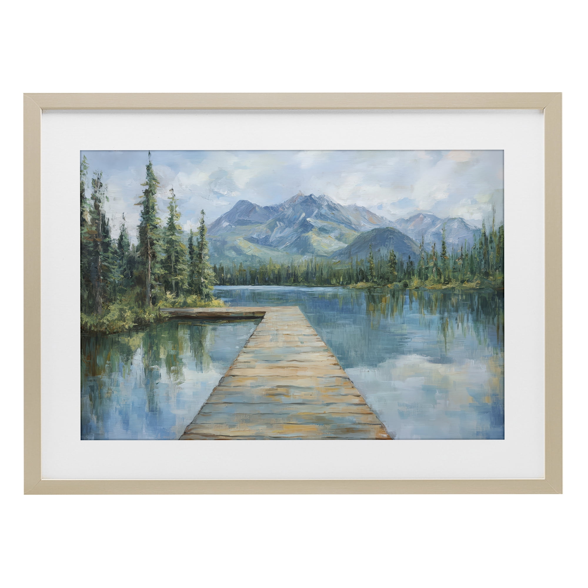 Stupell Industries Peaceful Lake Dock in the Mountains Birch Framed Print Under Glass, design by Petal Prints Design