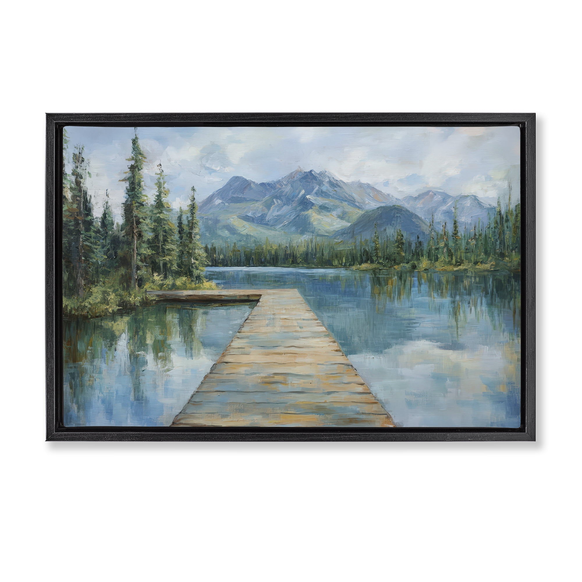 Stupell Industries Peaceful Lake Dock in the Mountains Black Framed Floater Canvas Wall Art, design by Petal Prints Design