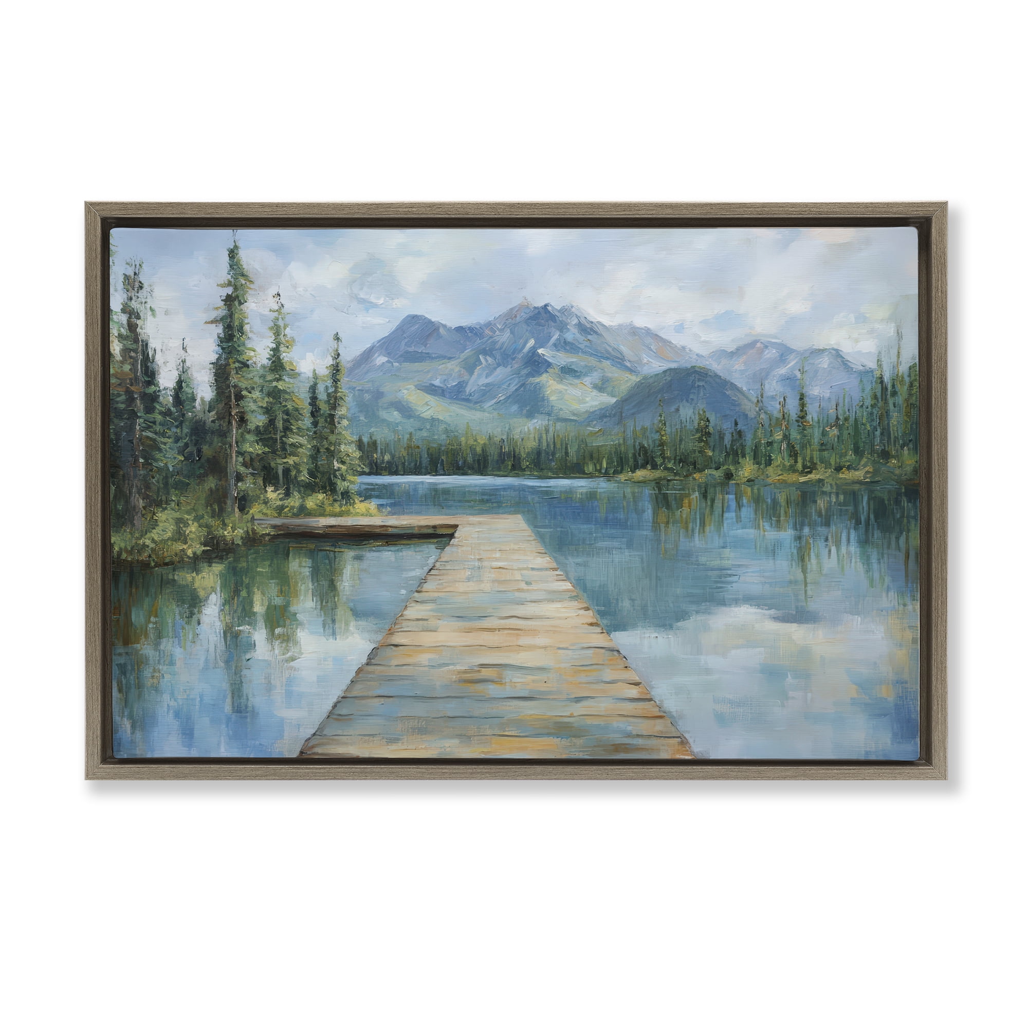 Stupell Industries Peaceful Lake Dock in the Mountains Brown Framed Floater Canvas Wall Art, design by Petal Prints Design