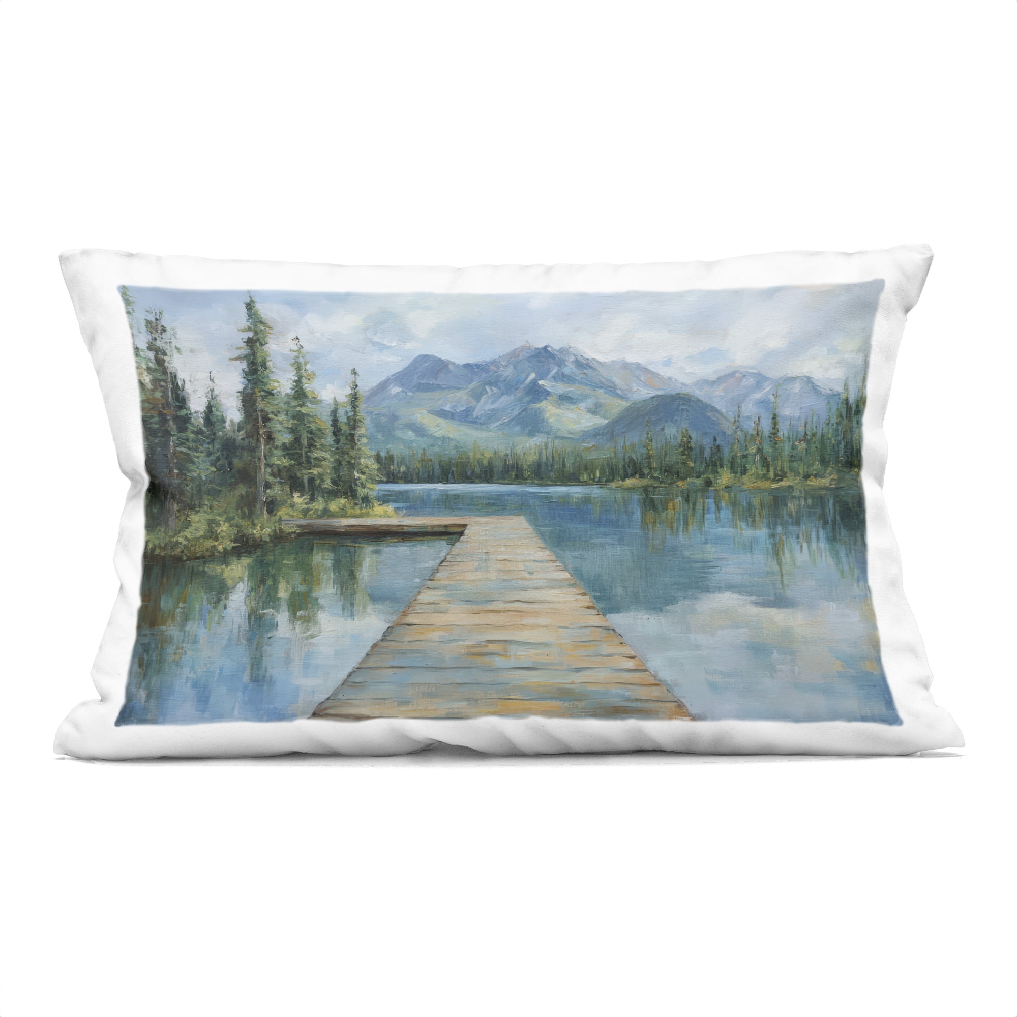 Stupell Industries Peaceful Lake Dock in the Mountains Decorative Printed Throw Pillow, design by Petal Prints Design, 14 x 7 x 20