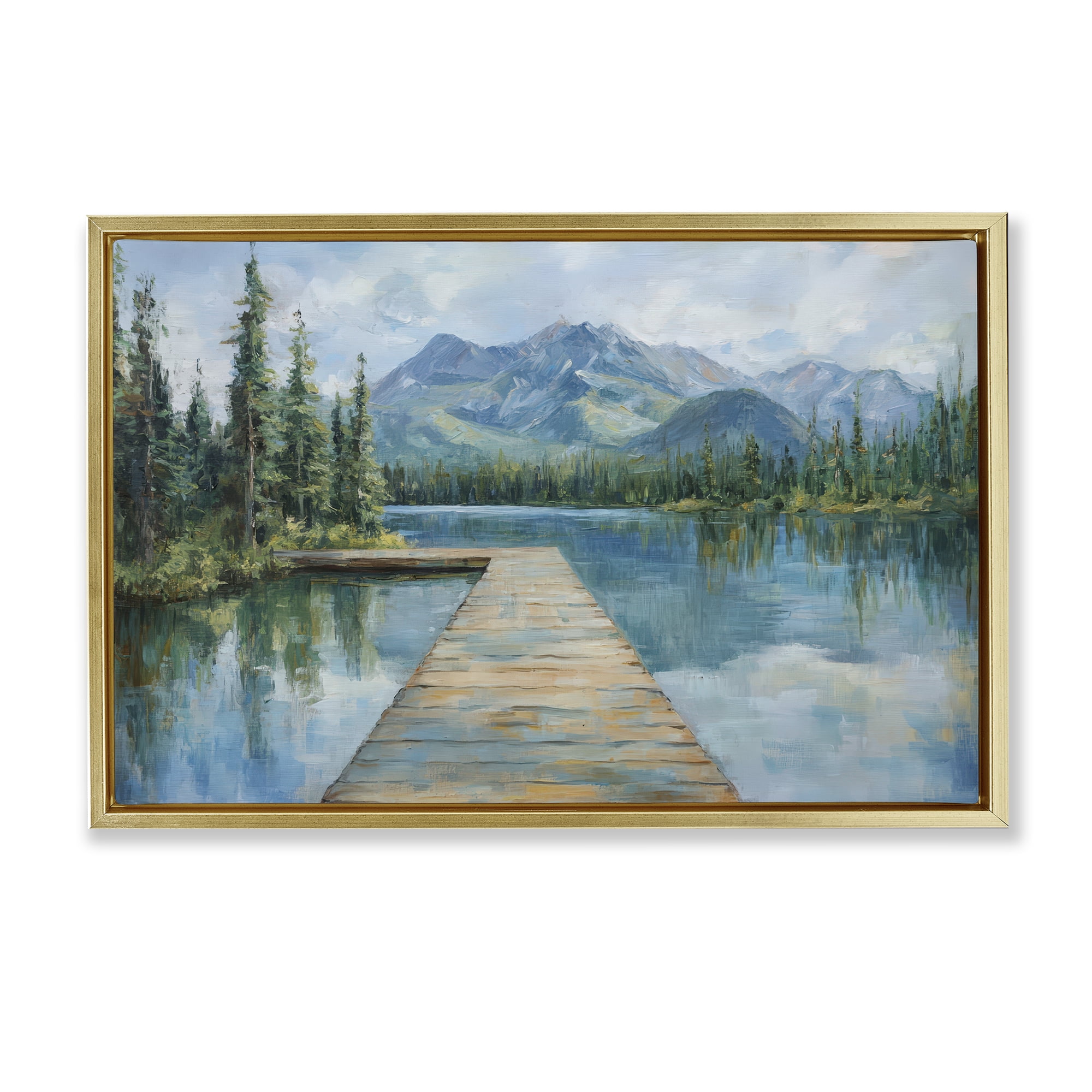 Stupell Industries Peaceful Lake Dock in the Mountains Gold Framed Floater Canvas Wall Art, design by Petal Prints Design