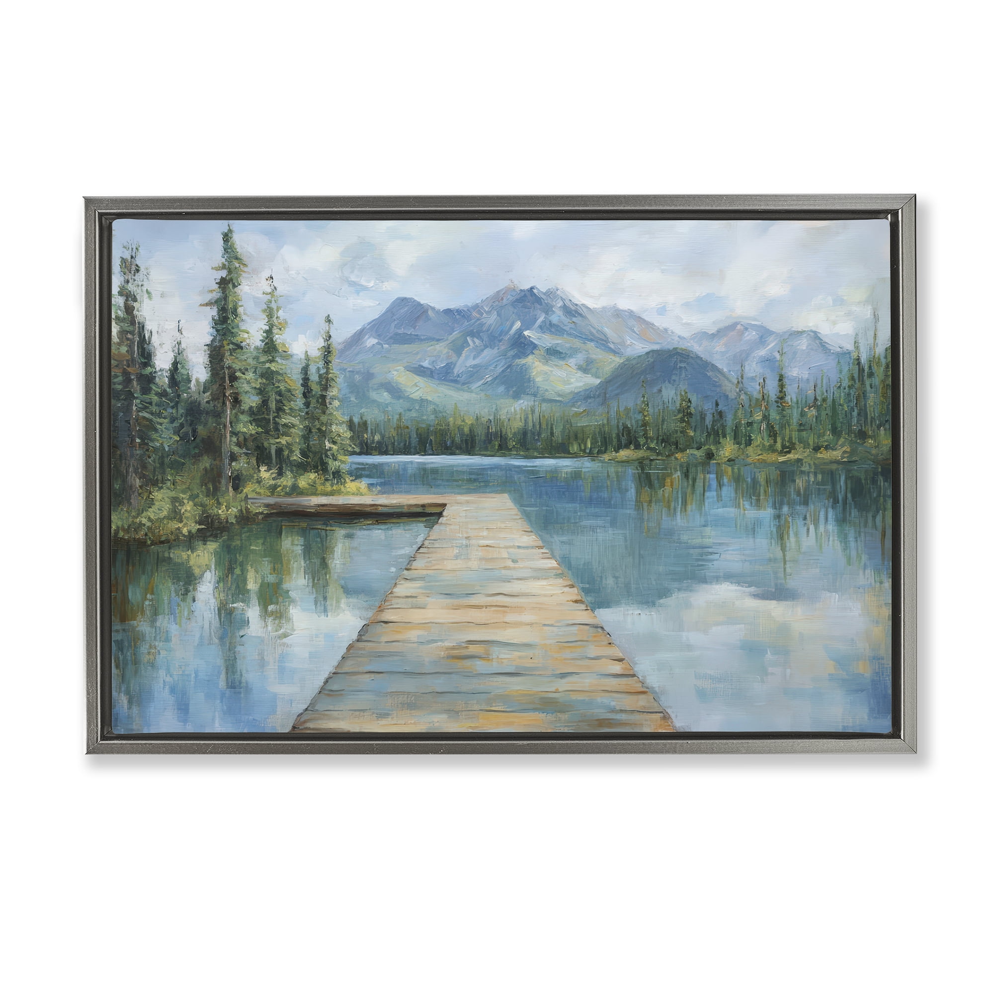 Stupell Industries Peaceful Lake Dock in the Mountains Gray Framed Floater Canvas Wall Art, design by Petal Prints Design