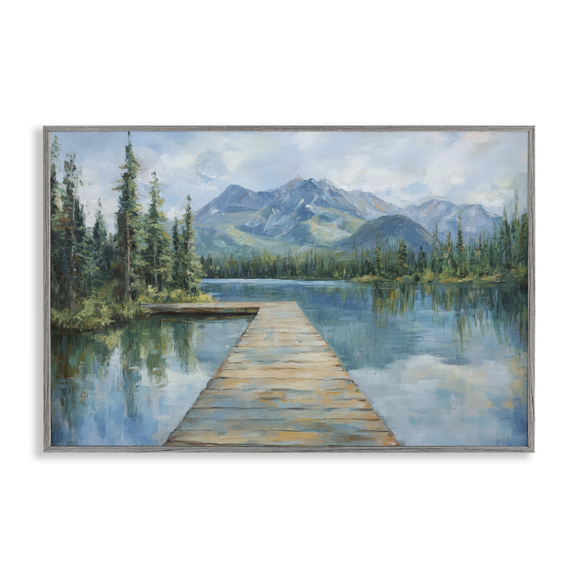 Stupell Industries Peaceful Lake Dock in the Mountains Gray Framed Giclee Art, design by Petal Prints Design