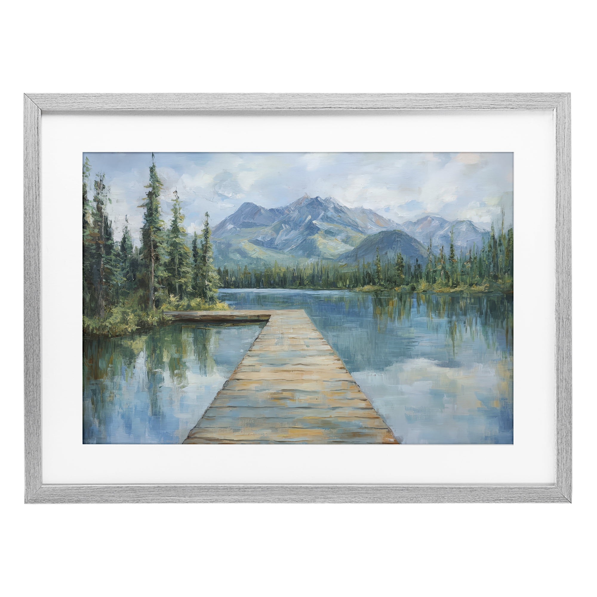 Stupell Industries Peaceful Lake Dock in the Mountains Gray Framed Print Under Glass, design by Petal Prints Design