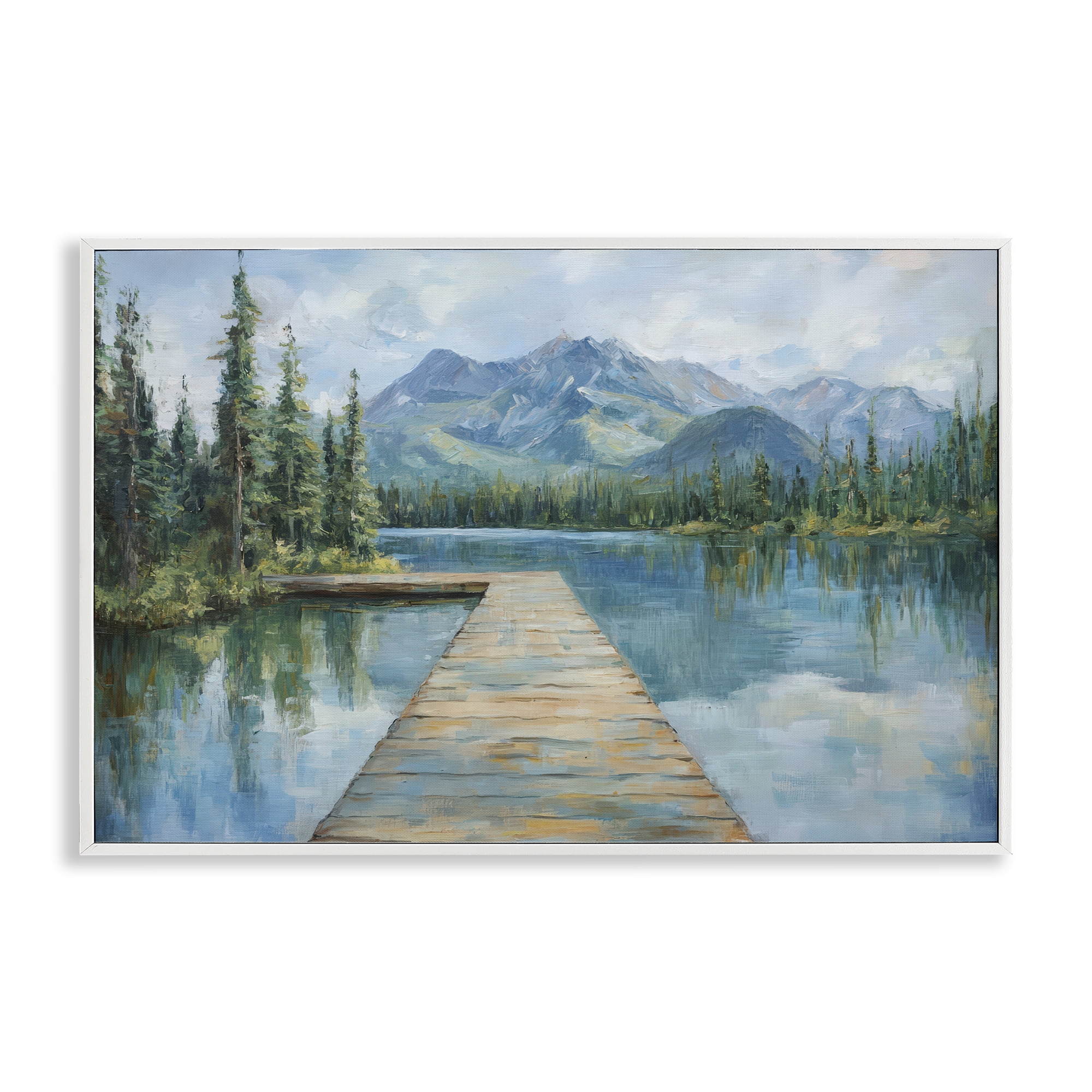 Stupell Industries Peaceful Lake Dock in the Mountains White Framed Giclee Art, design by Petal Prints Design