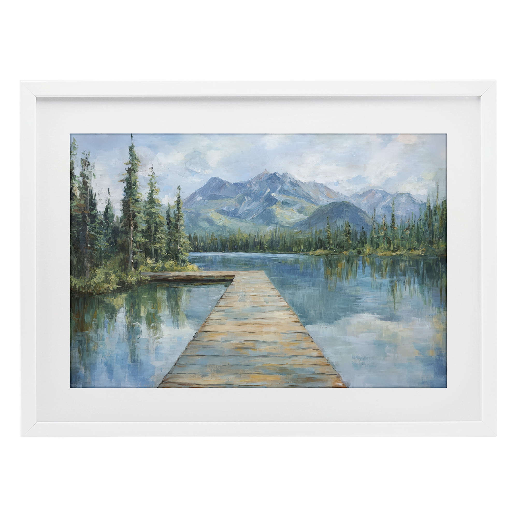 Stupell Industries Peaceful Lake Dock in the Mountains White Framed Print Under Glass, design by Petal Prints Design