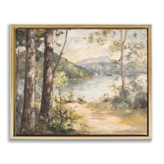 Stupell Industries Coastal Peaceful Lakeside Landscape Gold Floating Frame Canvas Art, 31 x 25, by Petals Prints Design