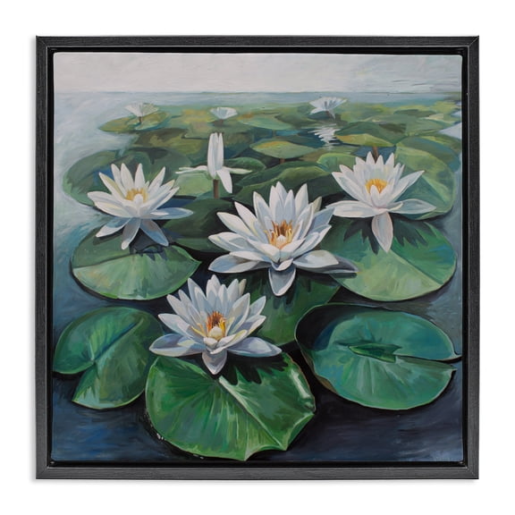 Stupell Industries Peaceful Lily Pad Pond Black Framed Floater Canvas Wall Art design by Violeta Vollmer, 18 x 18