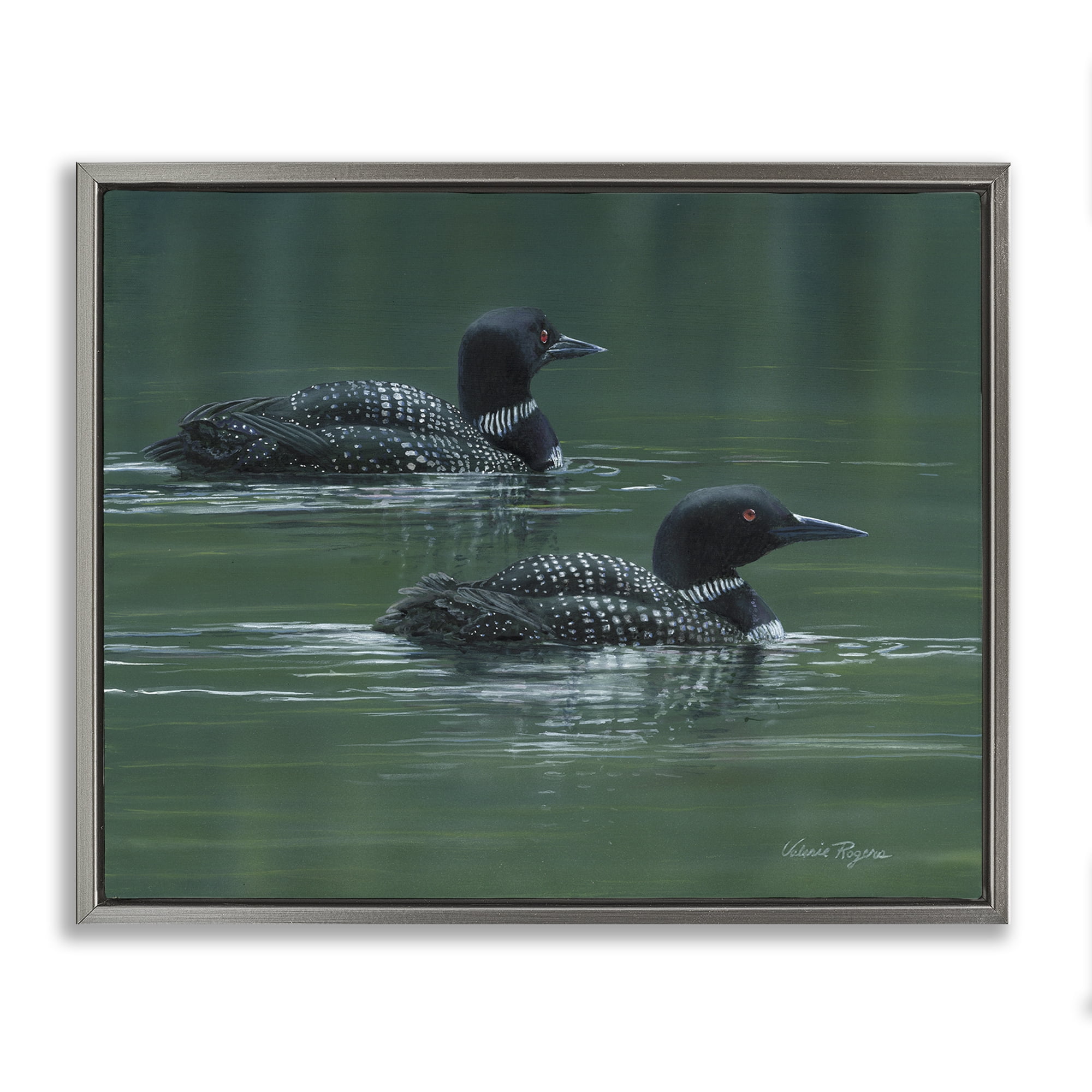 Stupell Industries Peaceful Loon Duo Animals Painting Gray Floater Framed Canvas Art Print Wall Art, 21 x 17