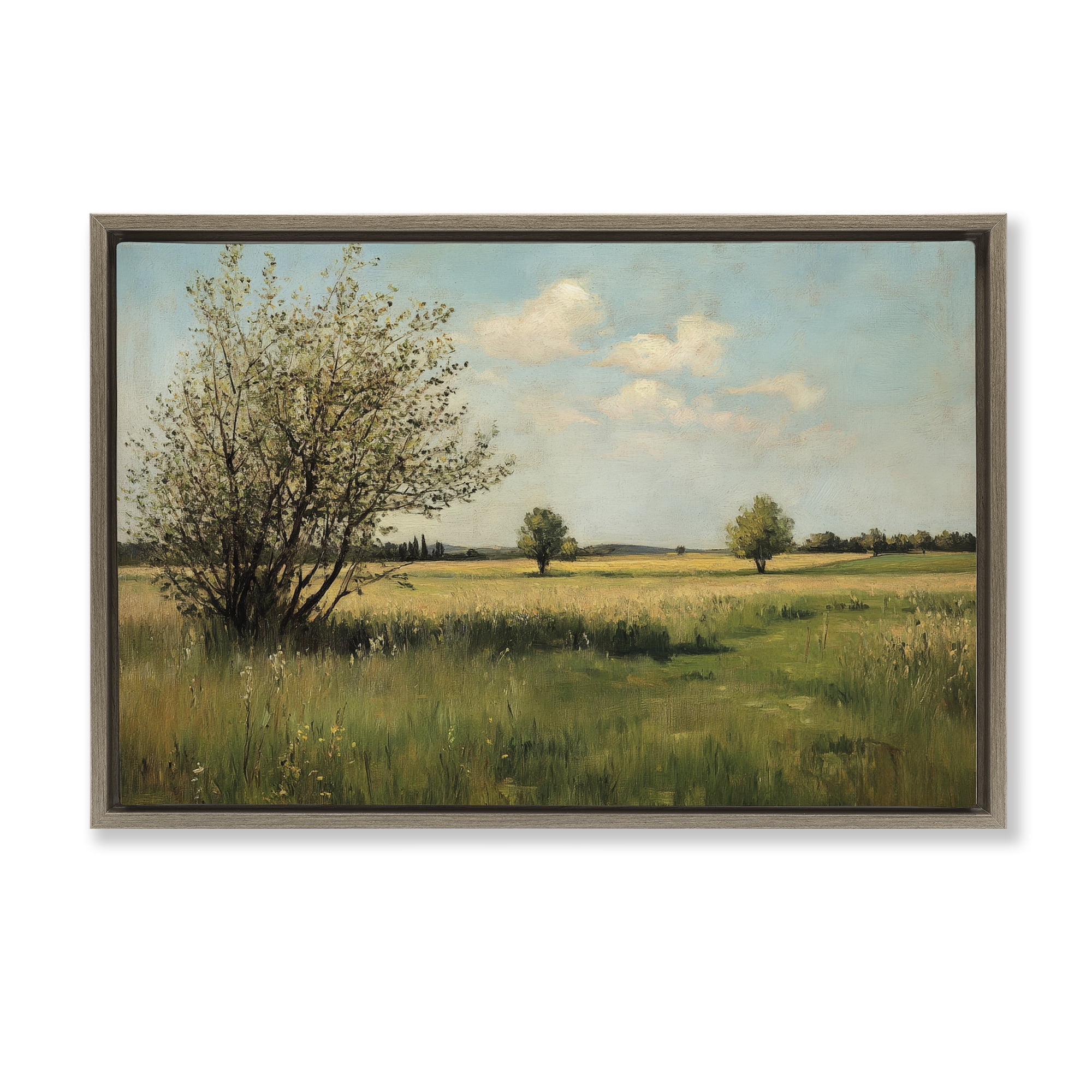 Stupell Industries Peaceful Meadow Under Serene Sky Brown Framed Floater Canvas Wall Art, design by Petal Prints Design