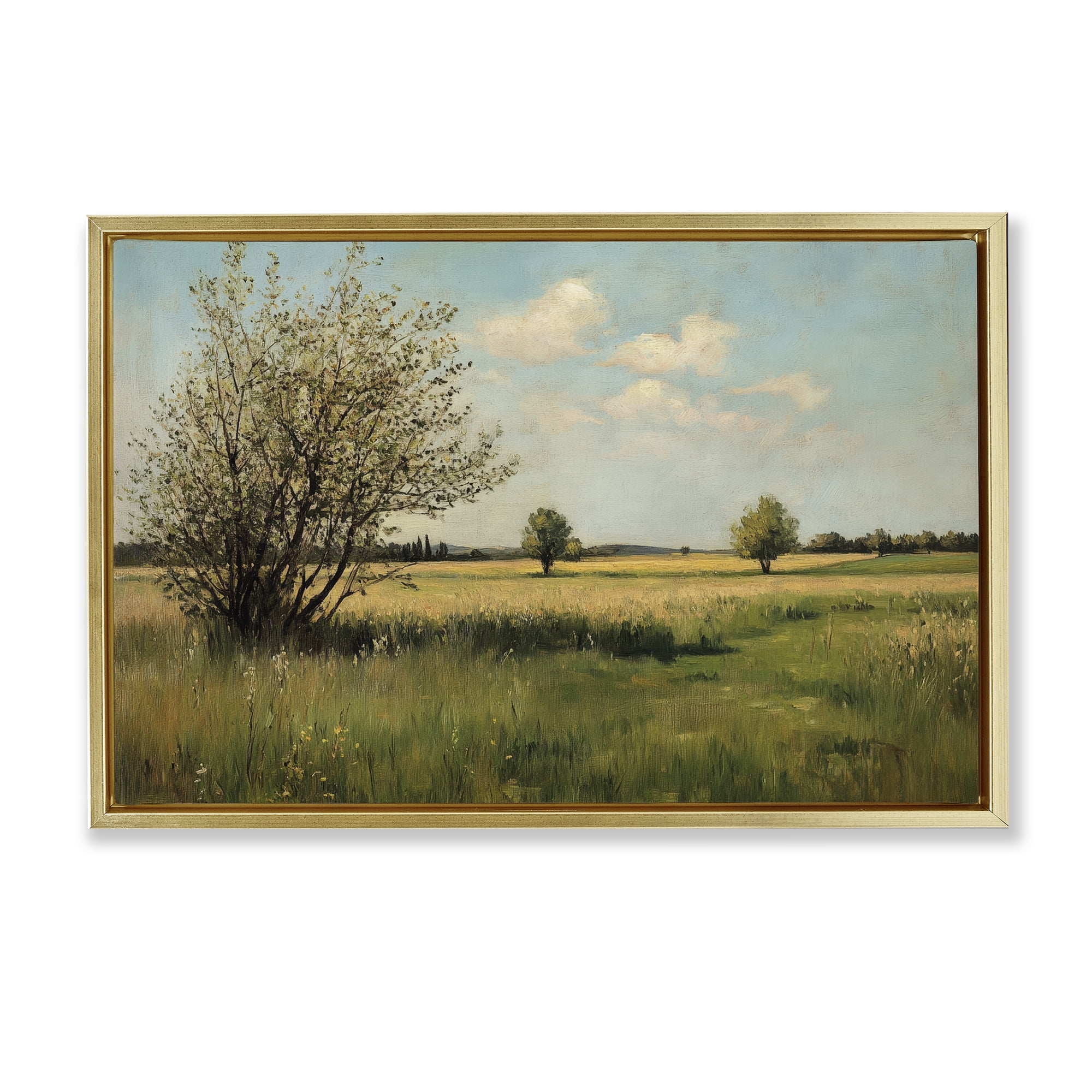 Stupell Industries Peaceful Meadow Under Serene Sky Gold Framed Floater Canvas Wall Art, design by Petal Prints Design