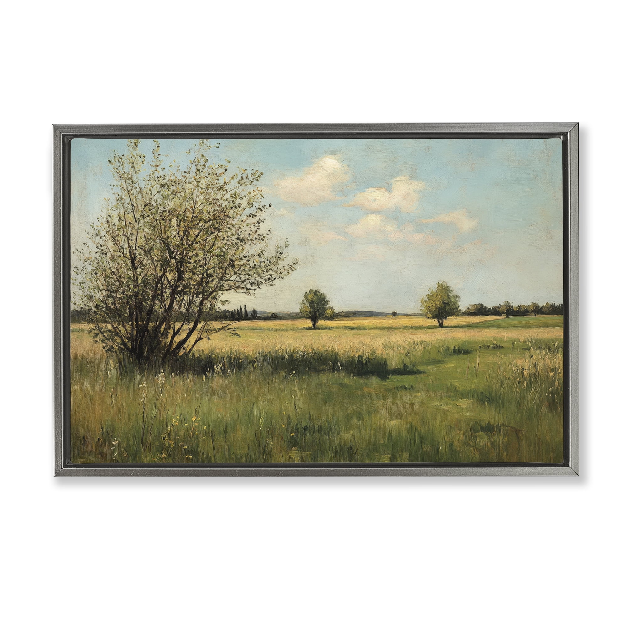 Stupell Industries Peaceful Meadow Under Serene Sky Gray Framed Floater Canvas Wall Art, design by Petal Prints Design