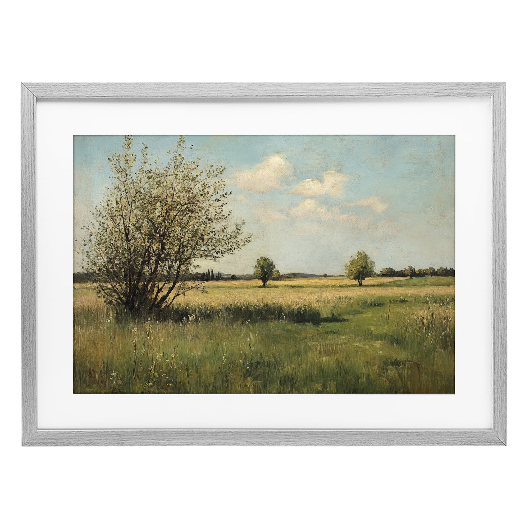 Stupell Industries Peaceful Meadow Under Serene Sky Gray Framed Print Under Glass, design by Petal Prints Design