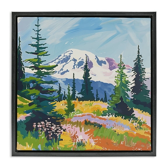 Stupell Industries Peaceful Mountain Valley Scenery Landscape & Nature Painting Black Floater Framed Canvas Art Print Wall Art, 18 x 18