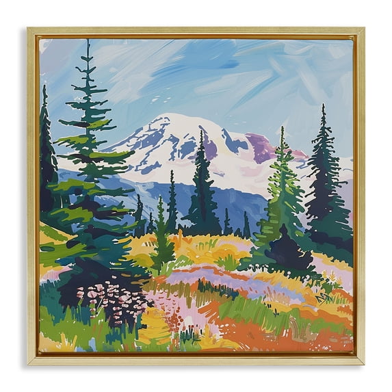 Stupell Industries Modern Snow Capped Mountain Landscape & Nature Painting Gold Floater Framed Canvas Art Print Wall Art, 18 x 18