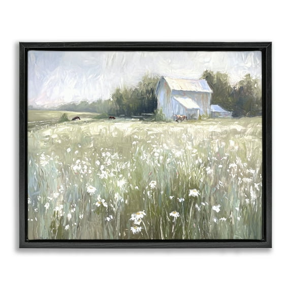 Stupell Industries Peaceful Pasture Meadow Landscape Painting Black Floater Framed Canvas Art Print Wall Art, 21 x 17