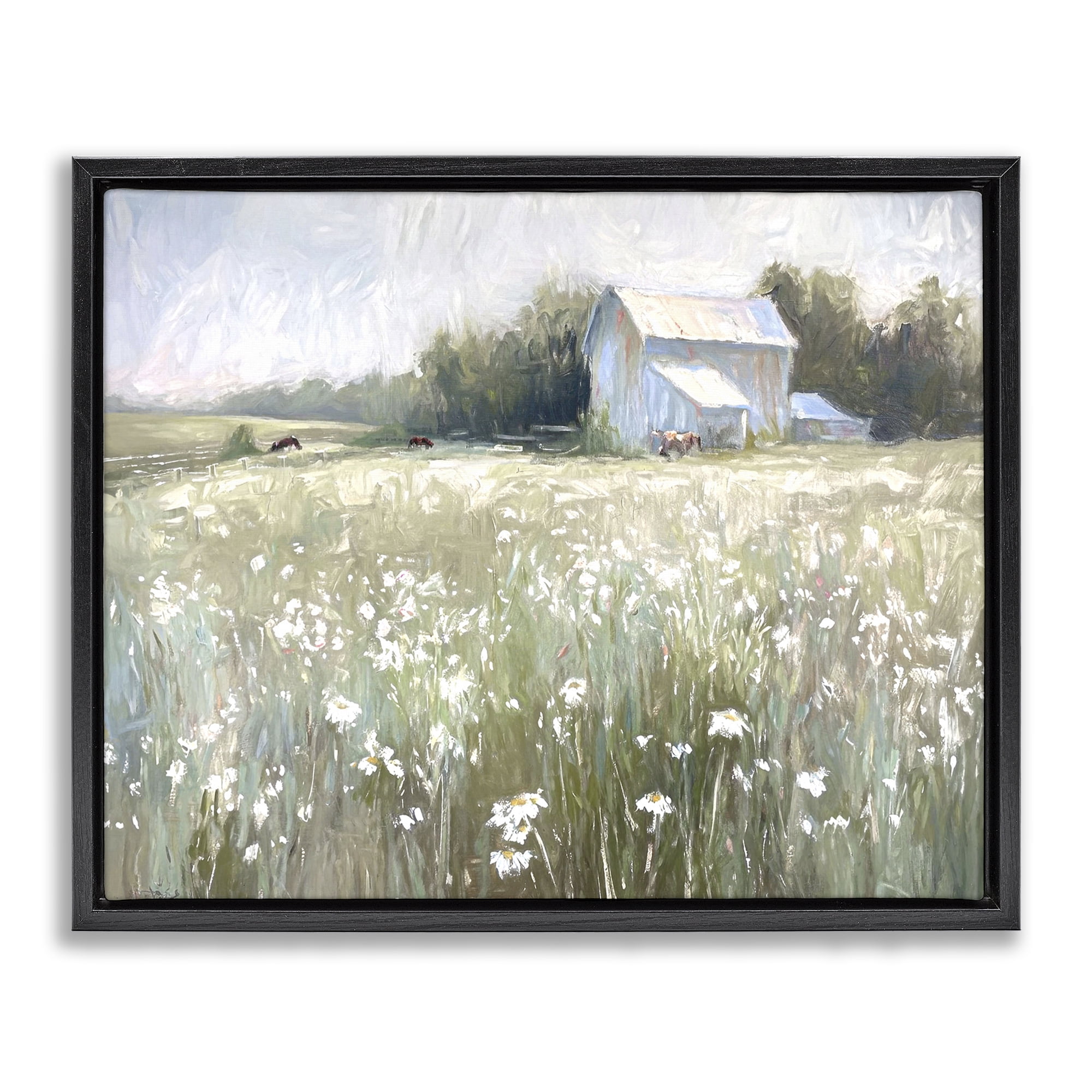 Stupell Industries Peaceful Pasture Meadow Landscape Painting Black Floater Framed Canvas Art Print Wall Art, 31 x 25