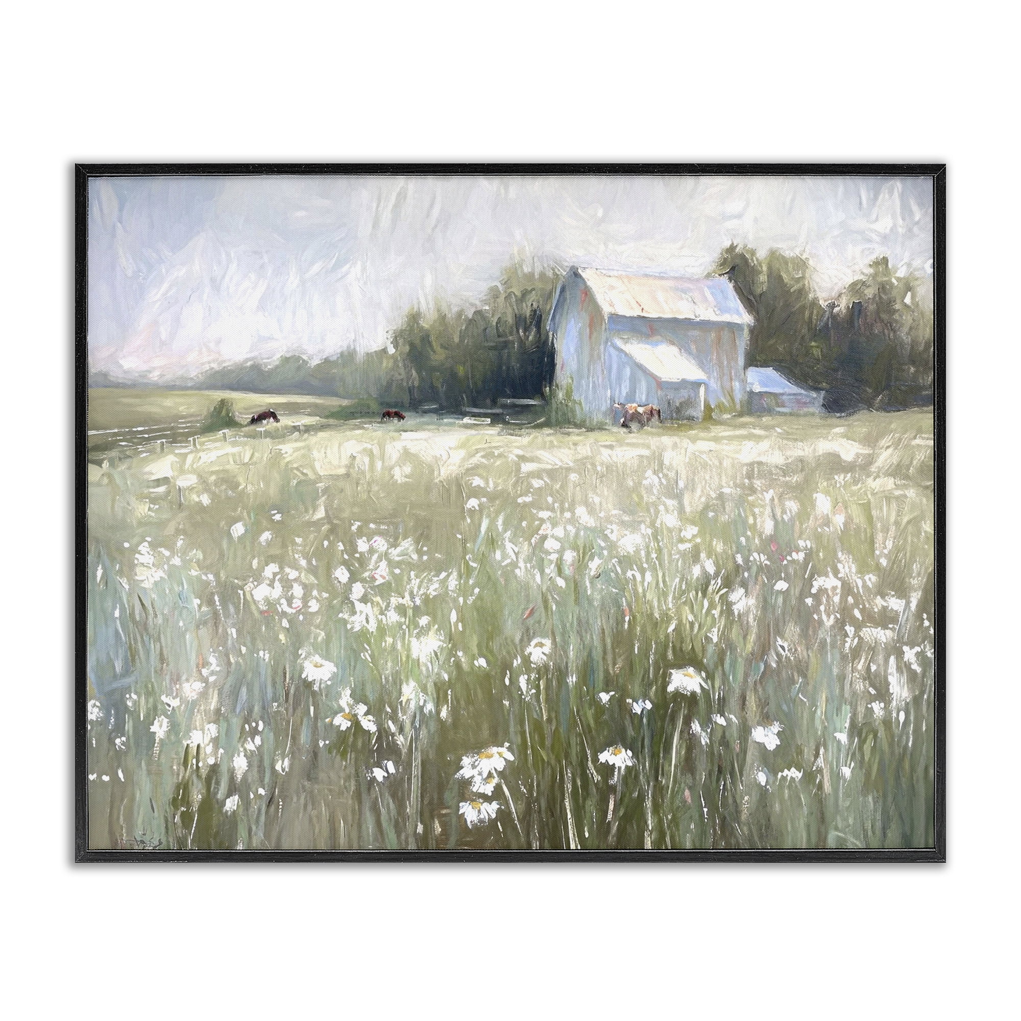Stupell Industries Peaceful Pasture Meadow Landscape Painting Black Framed Art Print Wall Art, 14 x 11