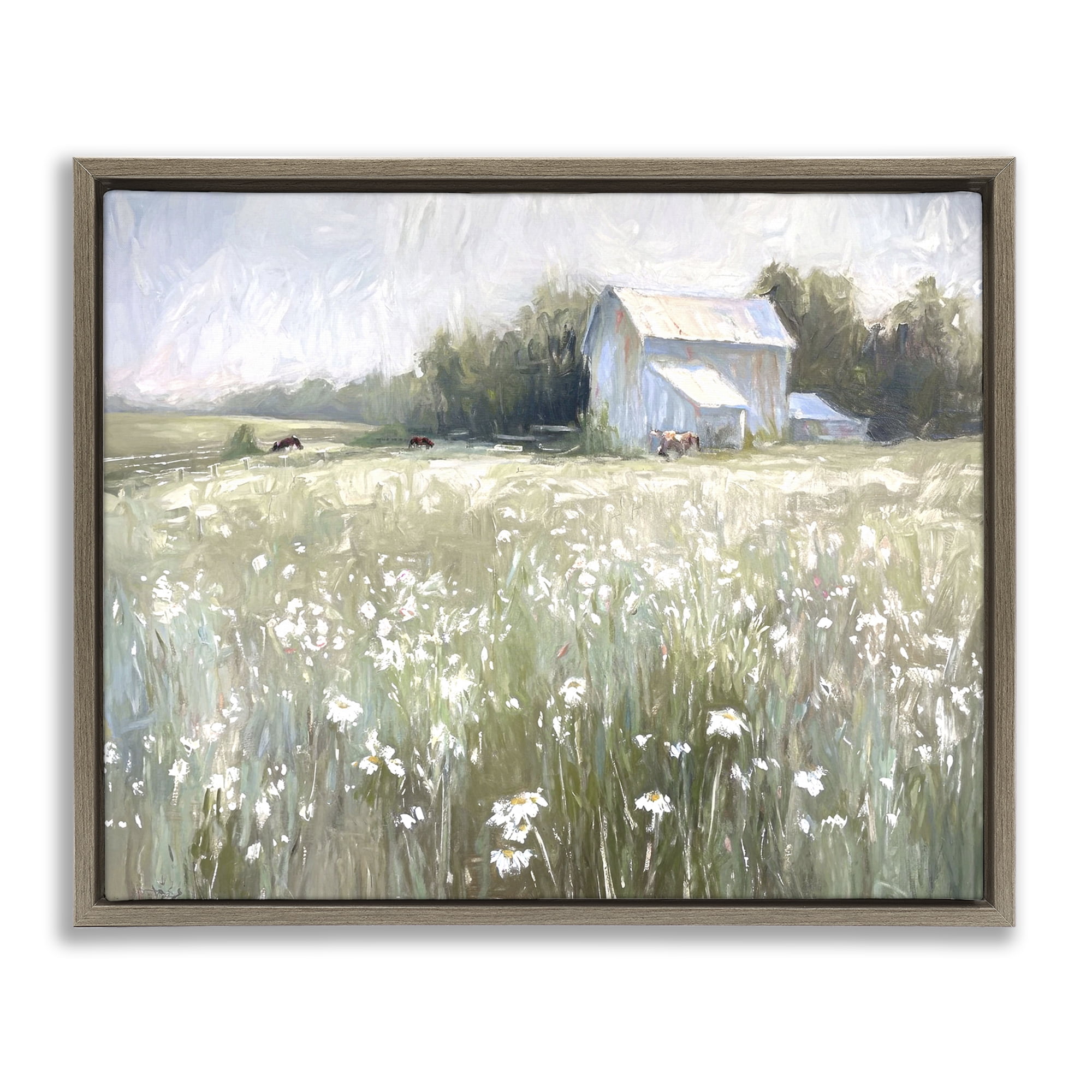 Stupell Industries Peaceful Pasture Meadow Landscape Painting Brown Floater Framed Canvas Art Print Wall Art, 21 x 17