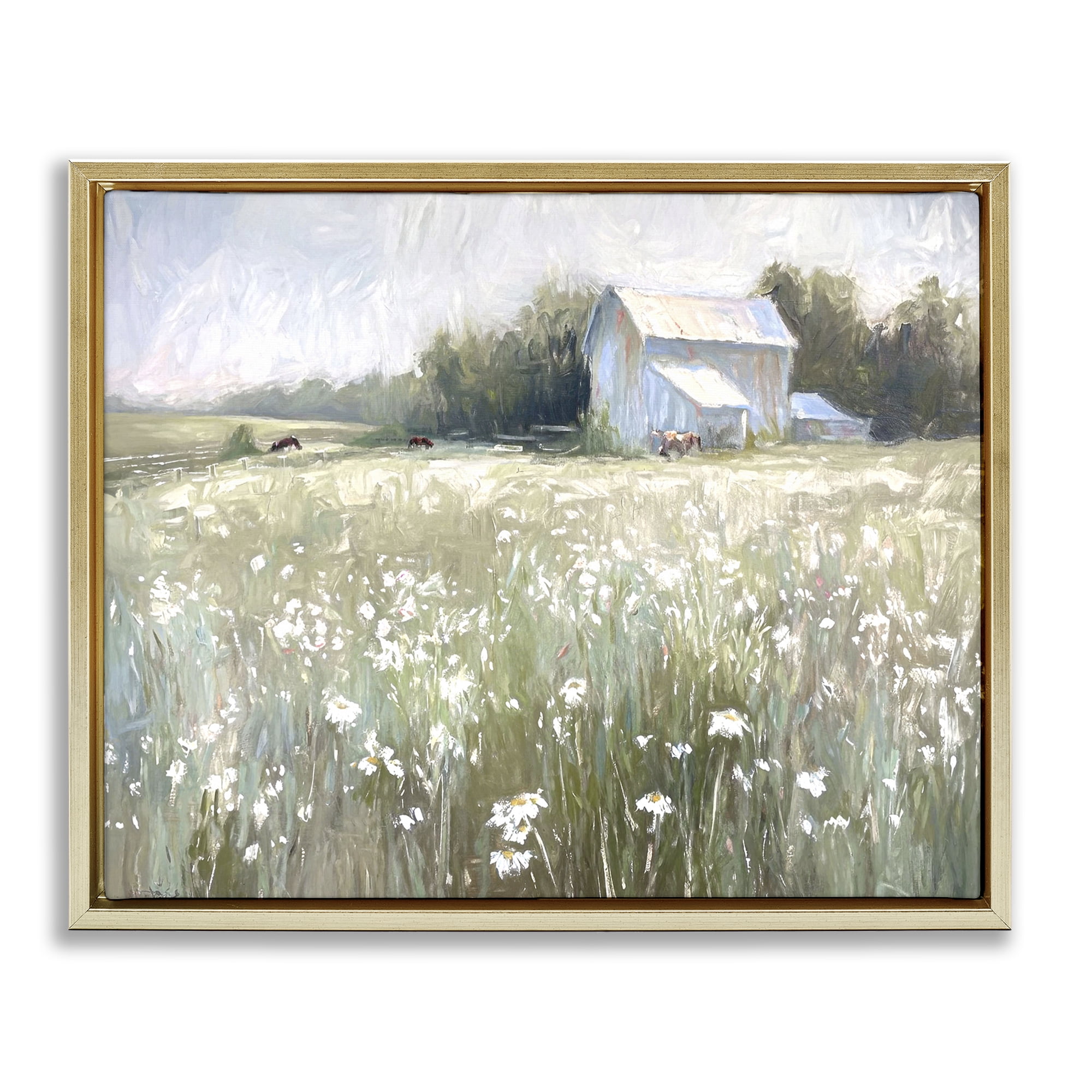 Stupell Industries Peaceful Pasture Meadow Landscape Painting Gold Floater Framed Canvas Art Print Wall Art, 21 x 17