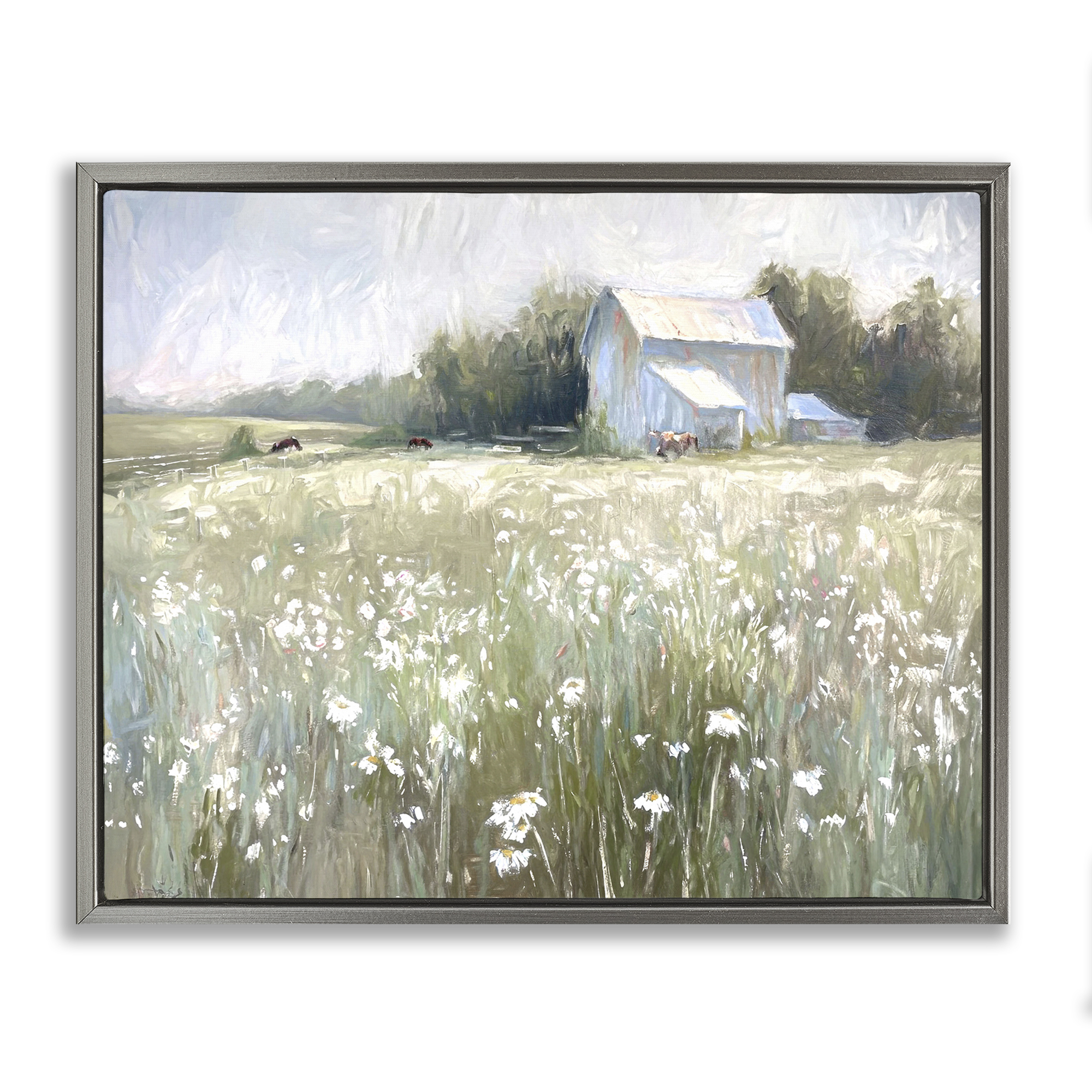 Stupell Industries Peaceful Pasture Meadow Landscape Painting Gray Floater Framed Canvas Art Print Wall Art, 31 x 25