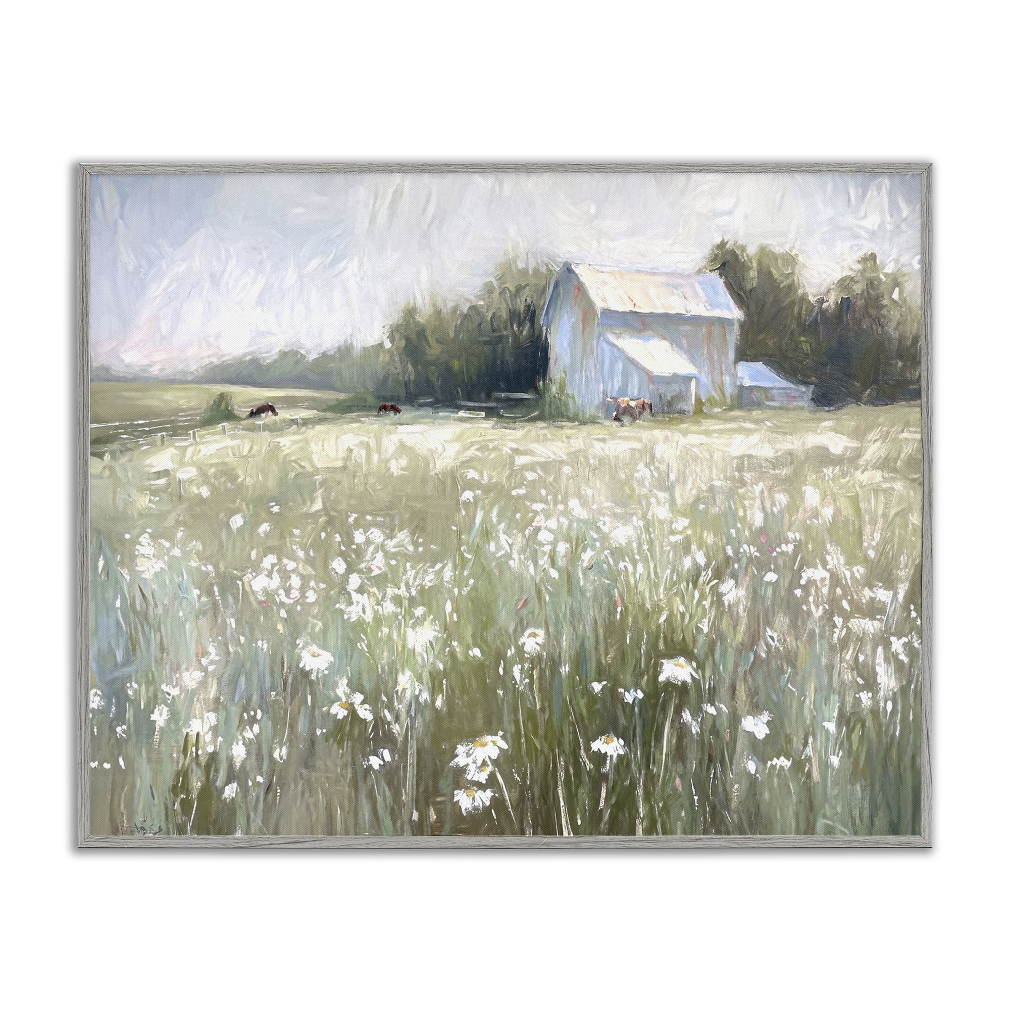 Stupell Industries Peaceful Pasture Meadow Landscape Painting Gray Framed Art Print Wall Art, 30 x 24