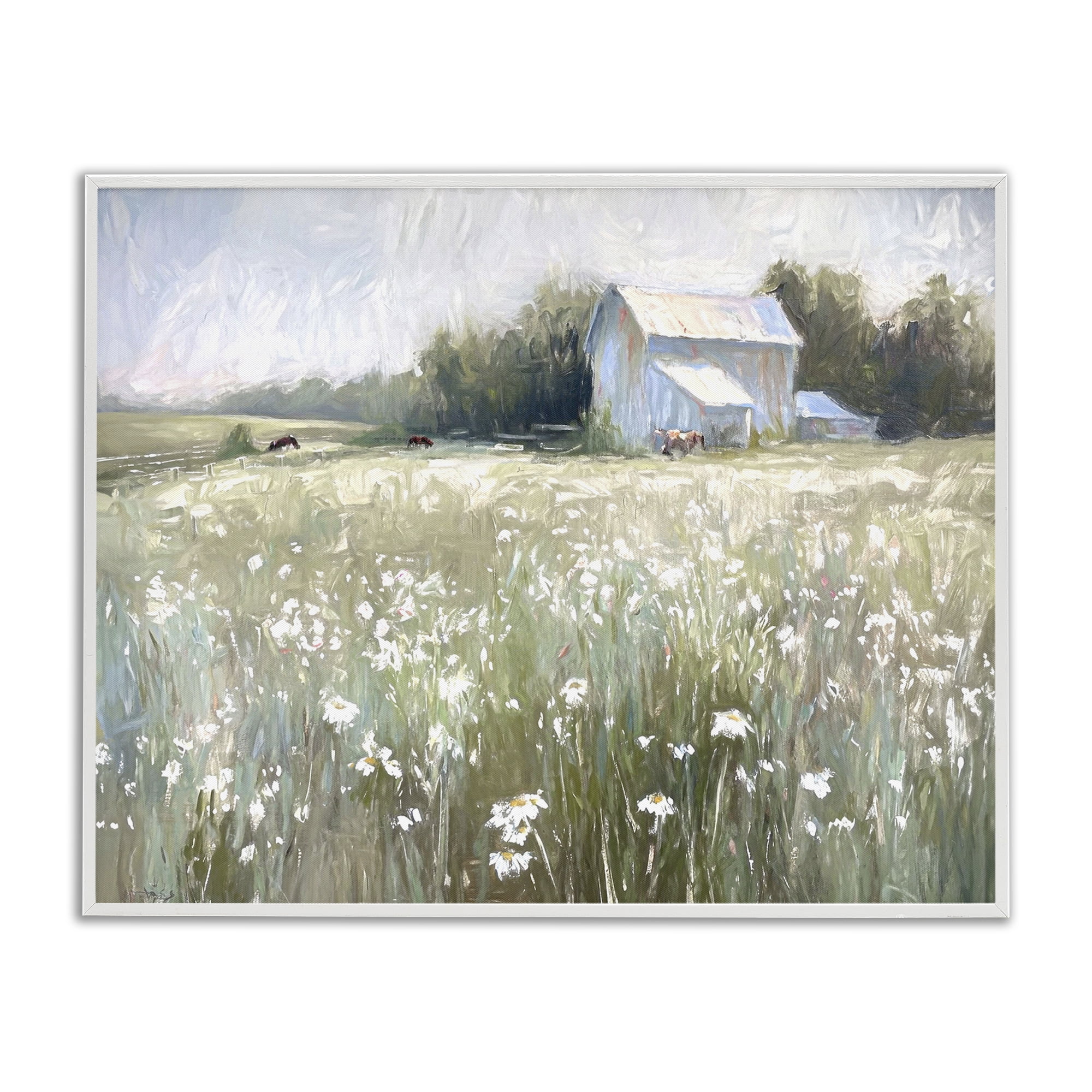 Stupell Industries Peaceful Pasture Meadow Landscape Painting White Framed Art Print Wall Art, 30 x 24