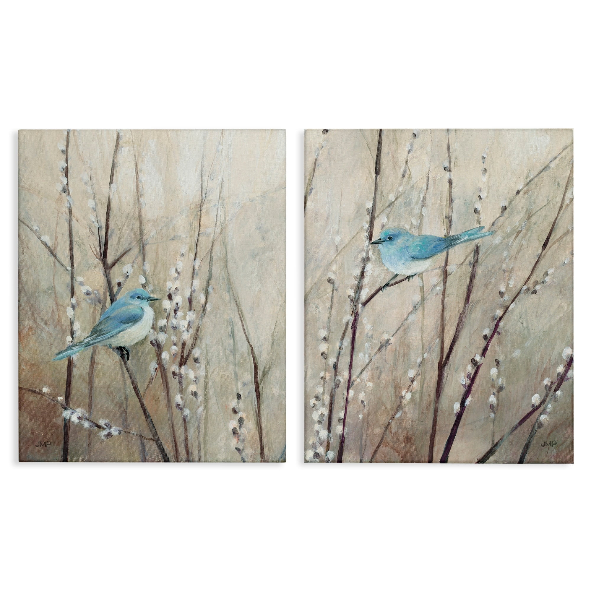 Peaceful Blue Birds on Beige Canvas, 24" x 30" Wood Frame, 2 Piece Set