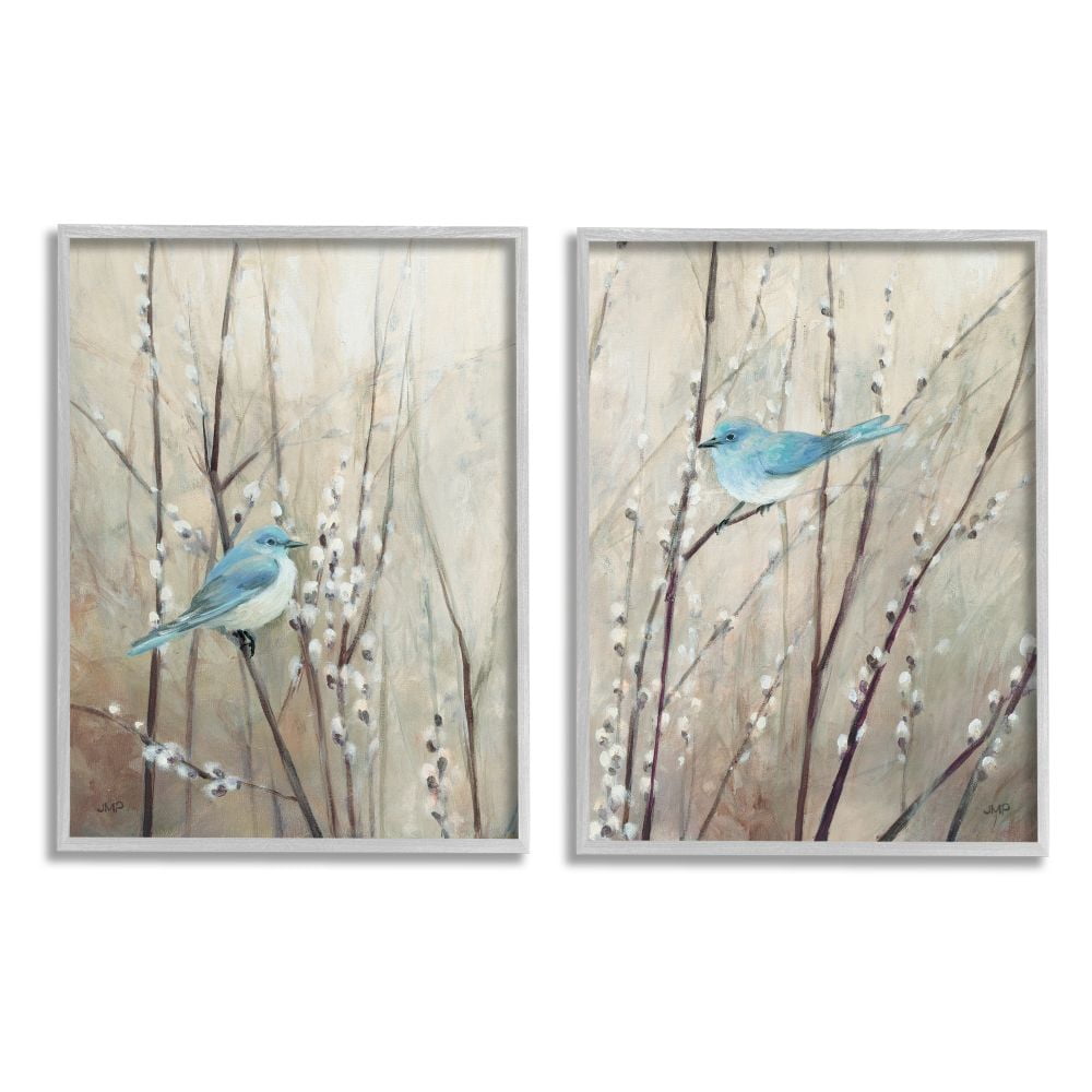 Peaceful Blue Birds Nature Painting in Gray Frame, 11 x 14, 2 Piece Set