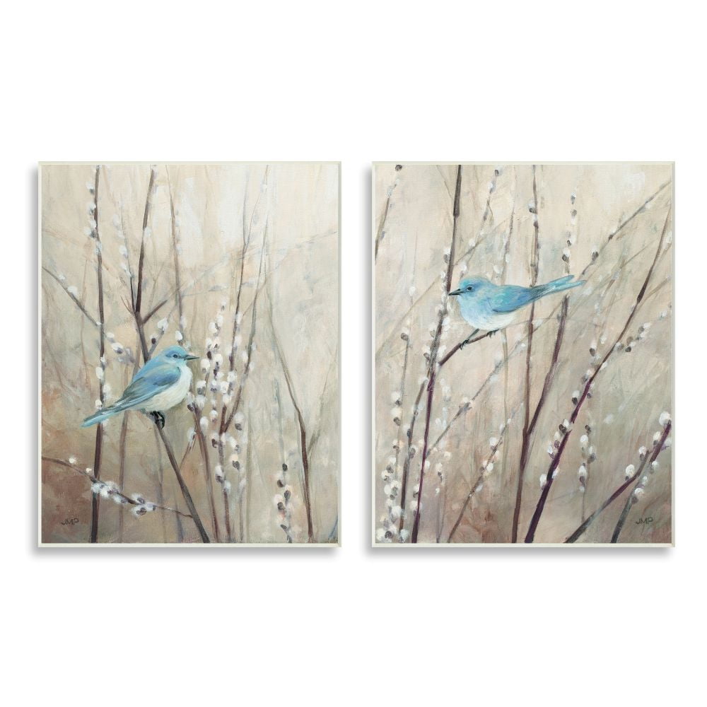 Peaceful Blue Birds Nature Painting Wall Plaque Set