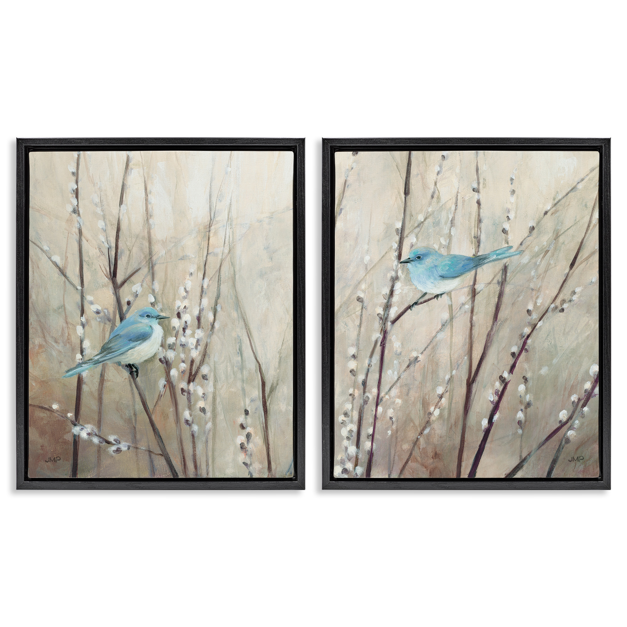 Stupell Industries Peaceful Perched Blue Birds Animals & Insects Painting Black Floater Framed Canvas Art Print Wall Art, 25 x 31, Set of 2