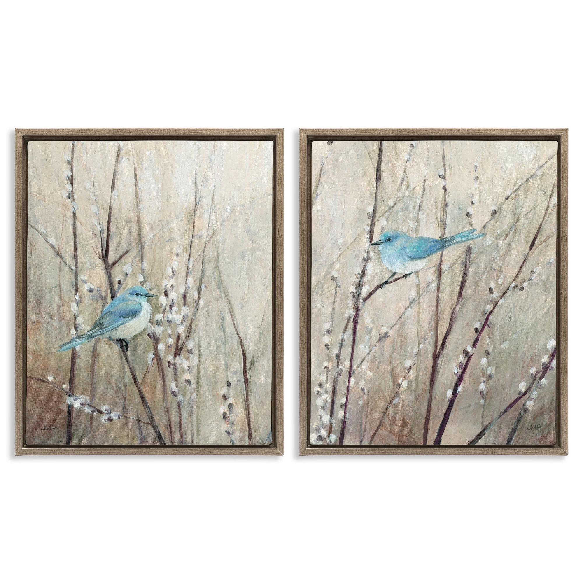 Stupell Industries Peaceful Perched Blue Birds Animals & Insects Painting Brown Floater Framed Canvas Art Print Wall Art, 25 x 31, Set of 2