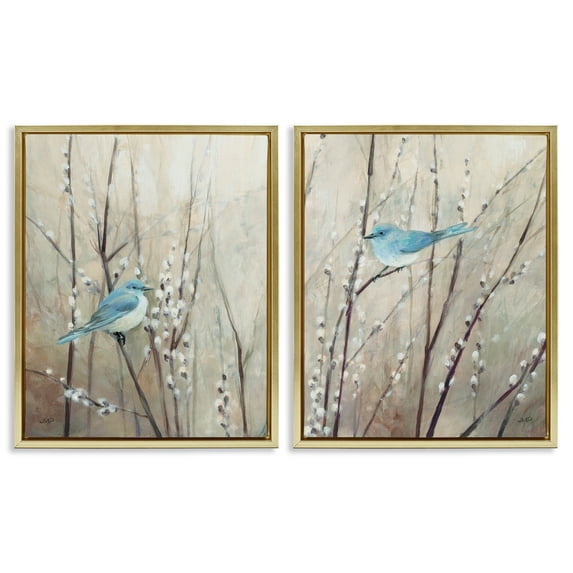 Stupell Industries Peaceful Perched Blue Birds Animals & Insects Painting Gold Floater Framed Canvas Art Print Wall Art, 17 x 21, Set of 2