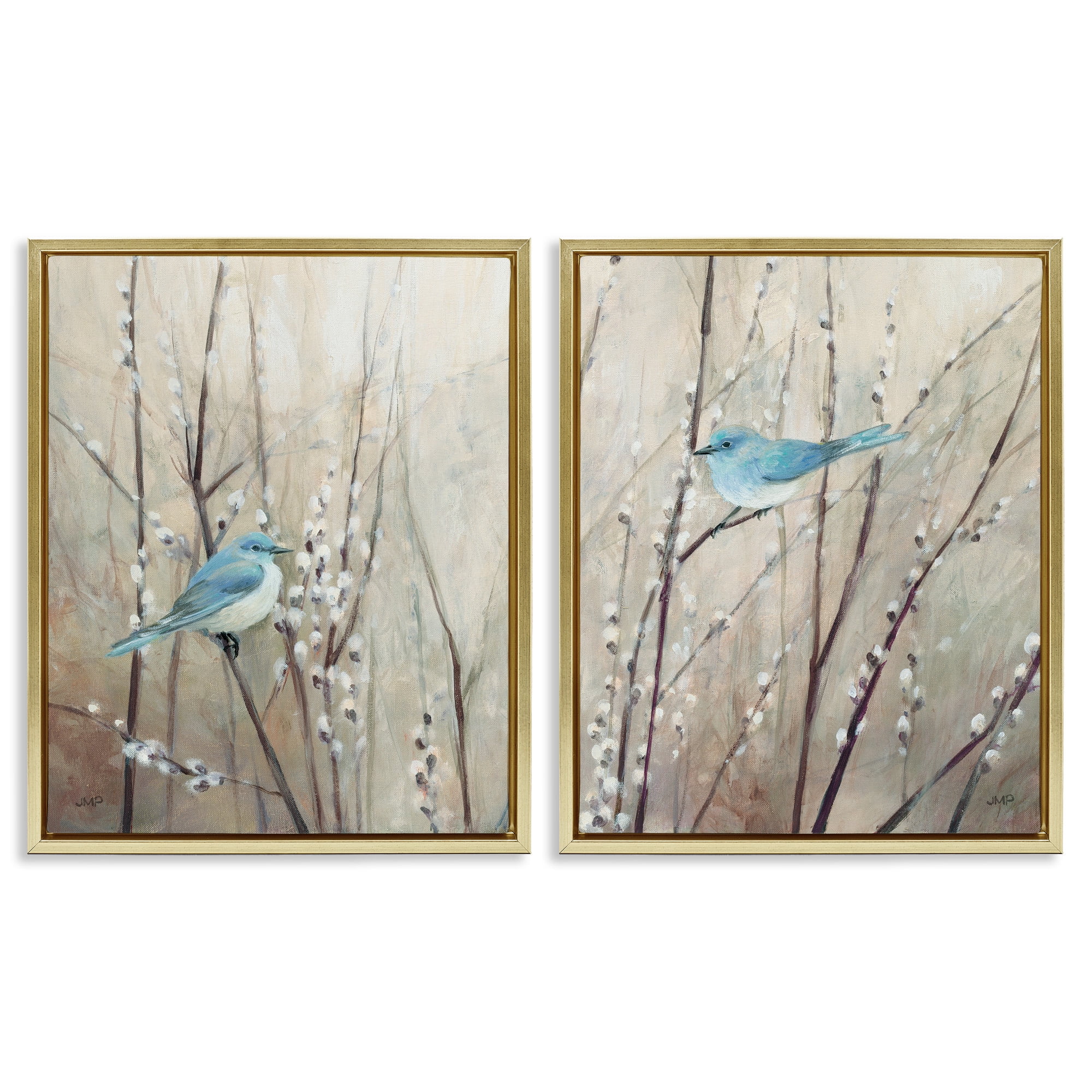 Stupell Industries Peaceful Perched Blue Birds Animals & Insects Painting Gold Floater Framed Canvas Art Print Wall Art, 25 x 31, Set of 2