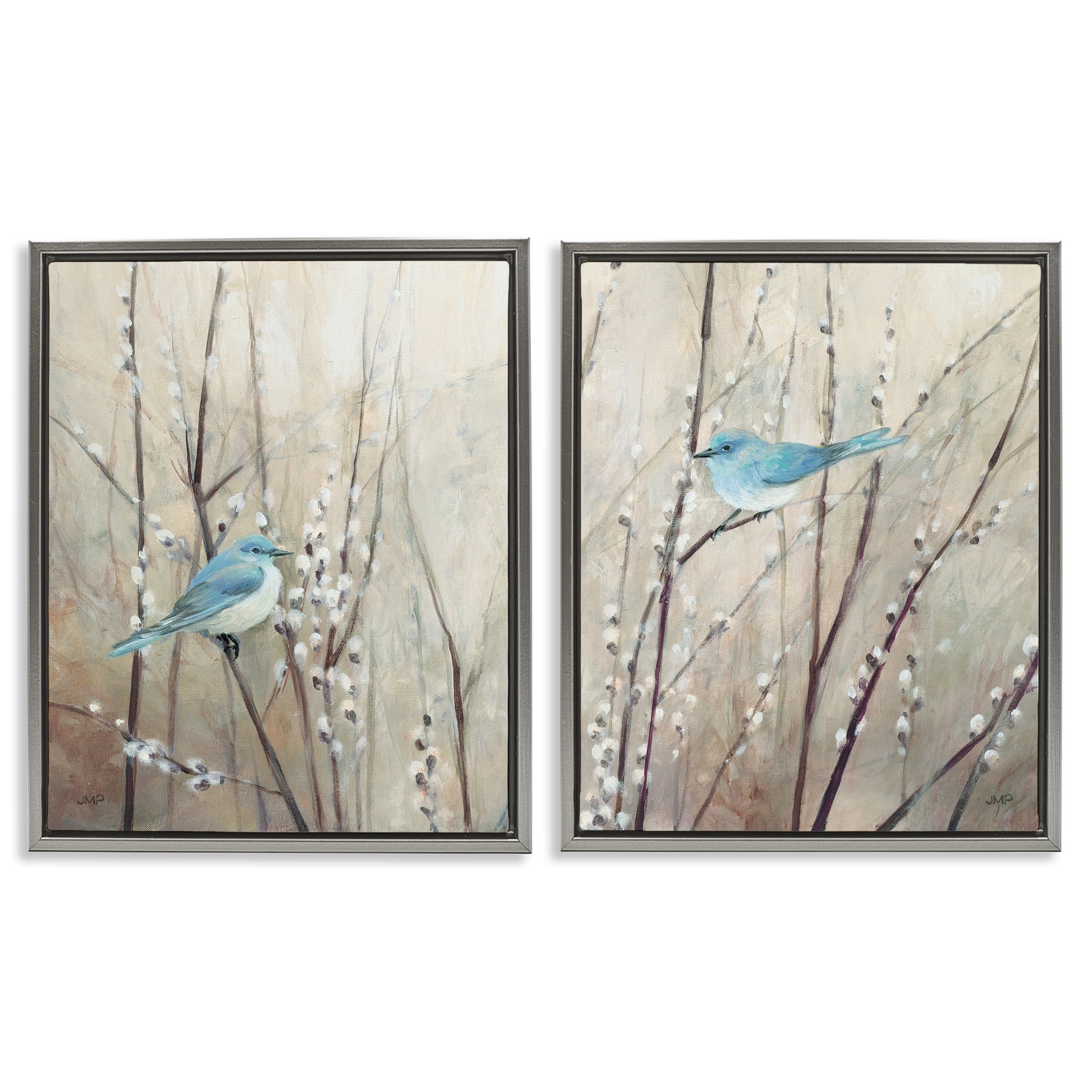 Peaceful Blue Birds on Beige Canvas with Gray Frame, 17 x 21
