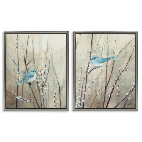 Stupell Industries Peaceful Perched Blue Birds Animals & Insects Painting Gray Floater Framed Canvas Art Print Wall Art, 17 x 21, Set of 2