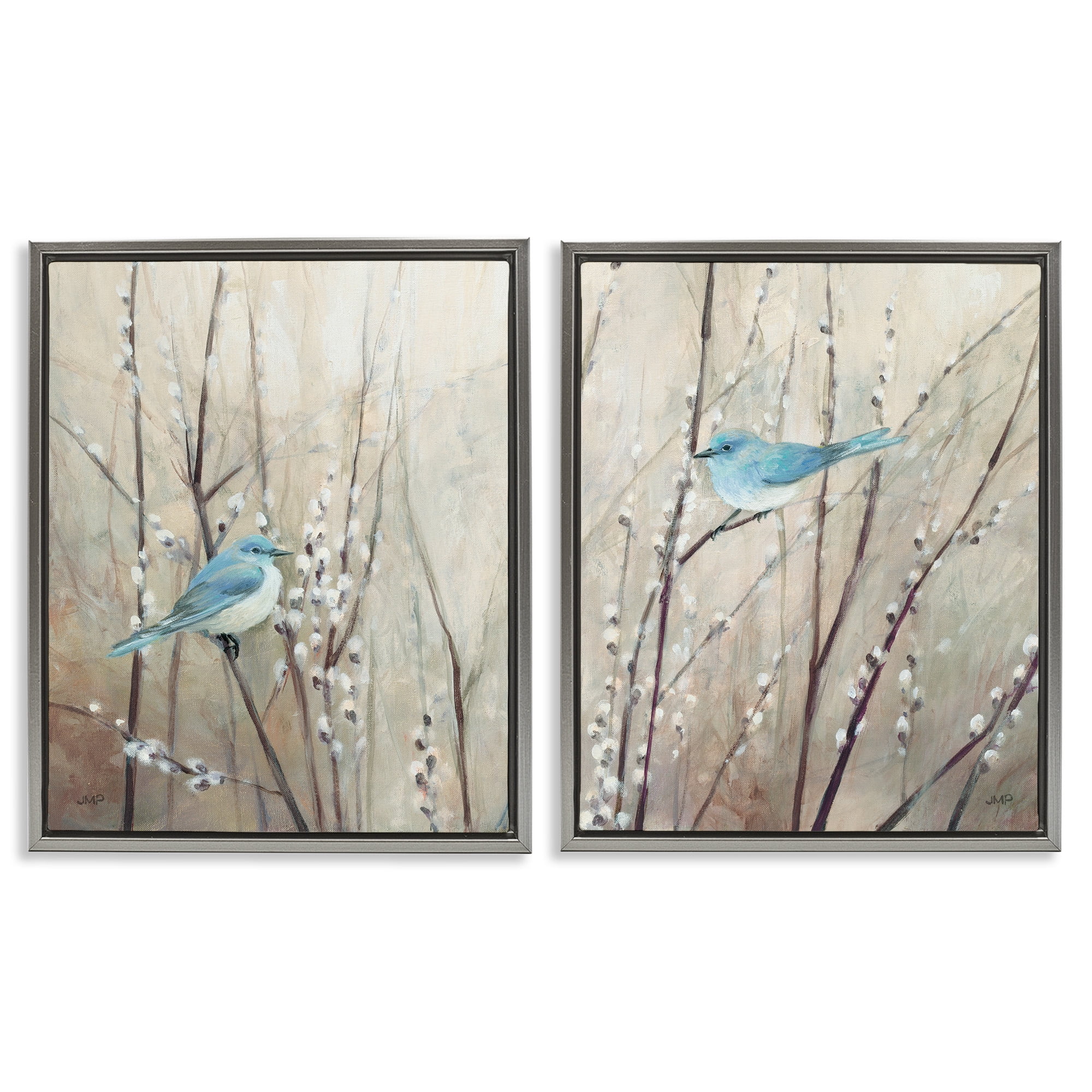 Stupell Industries Peaceful Perched Blue Birds Animals & Insects Painting Gray Floater Framed Canvas Art Print Wall Art, 25 x 31, Set of 2